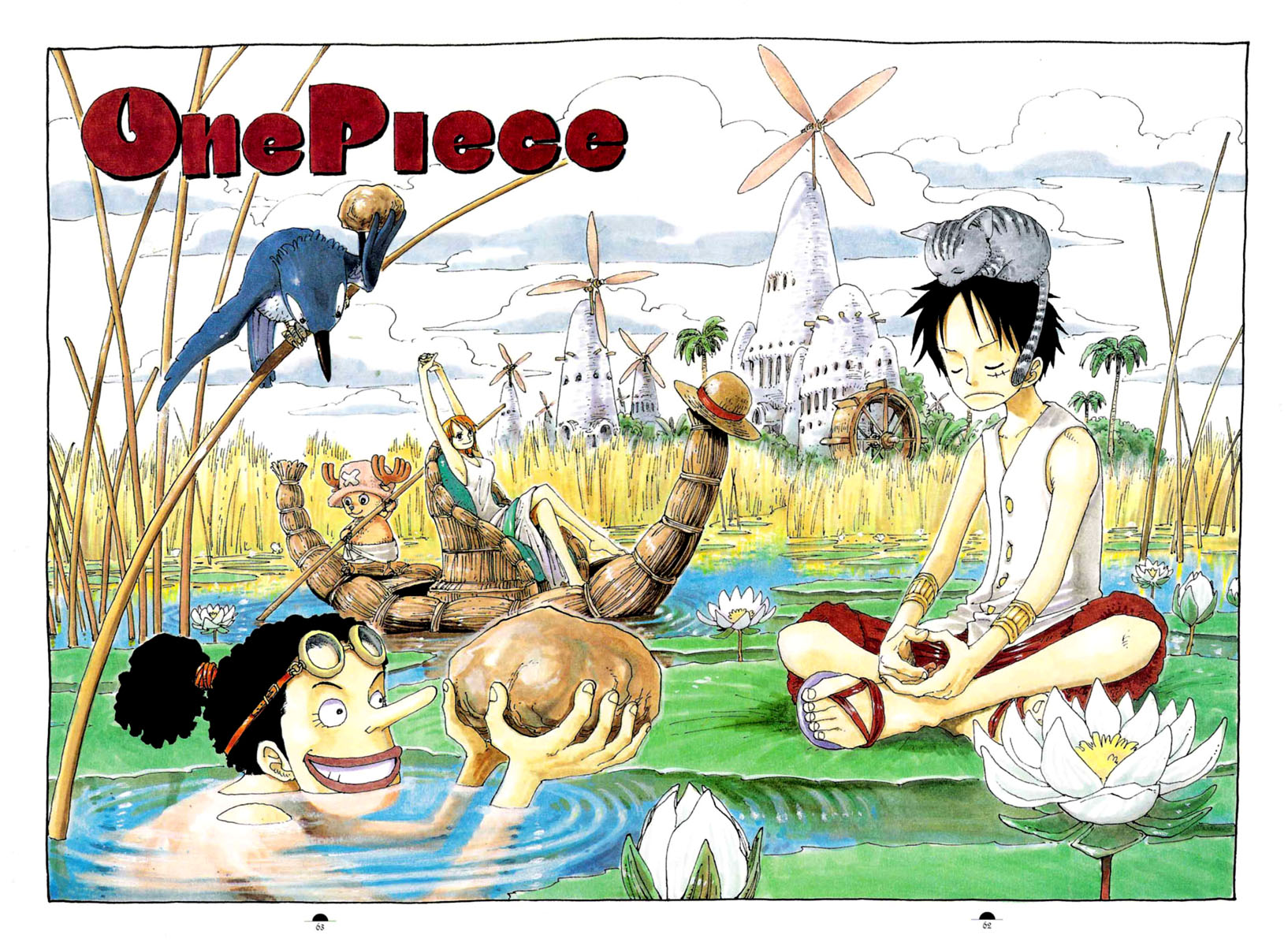 oda eiichirou, monkey d. luffy, nami (one piece), tony tony chopper, usopp, one piece, highres, official art, 00s, 1girl, 2002, 2boys, bangle, bird, black hair, blue jay, boat, border, bracelet, cat, closed eyes, color spread, copyright name, cover, cover page, dress, flower, full body, goggles, goggles on head, hat, indian style, jewelry, lily pad, long nose, lotus, multiple boys, orange hair, outdoors, pants, pink hat, ponytail, red pants, red shorts, reindeer, rock, sandals, scenery, shorts, sitting, sleeping, sleeping upright, spread legs, straw hat, swimming, unworn hat, unworn headwear, vest, water, water wheel, watercraft, white dress, white flower, windmill