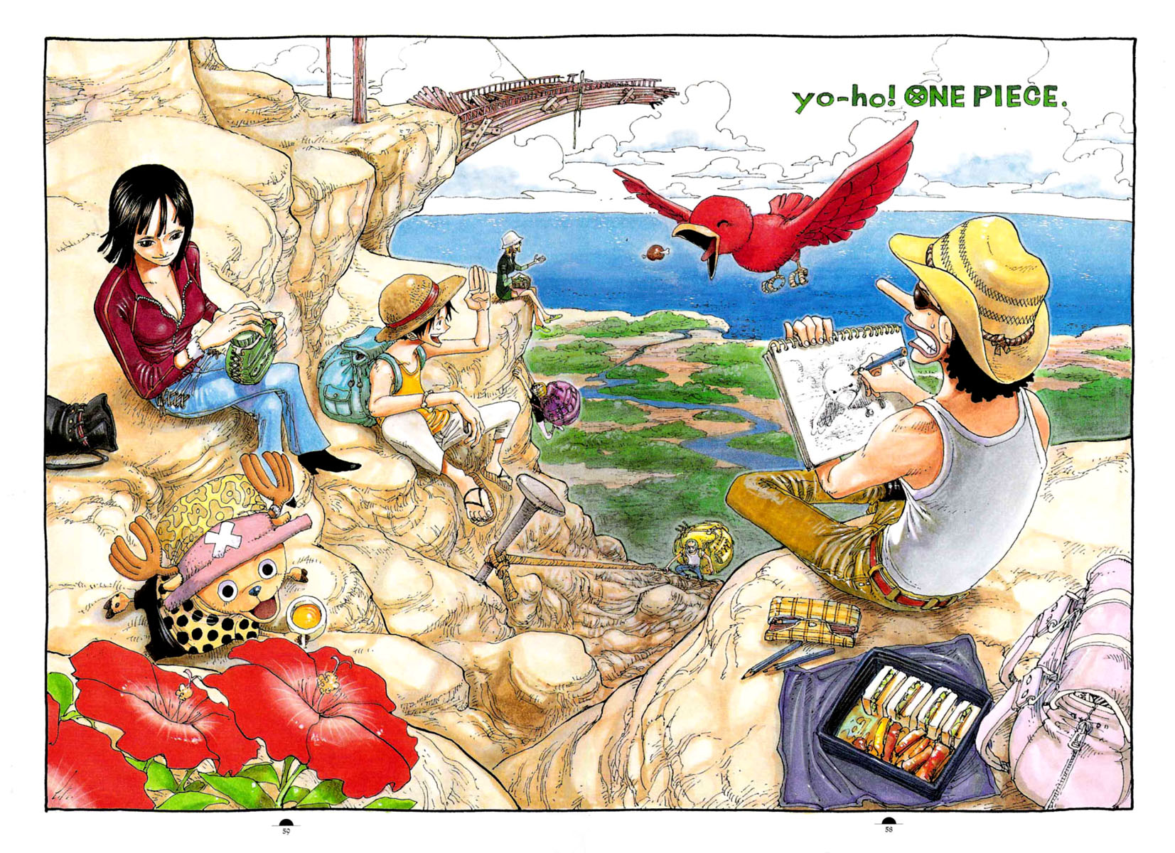 oda eiichirou, monkey d. luffy, nami (one piece), nico robin, roronoa zoro, sanji (one piece), tony tony chopper, usopp, one piece, bad tag, bookbag, white headwear, highres, official art, 00s, 2002, 2girls, 5boys, animal, antlers, arm up, backpack, bag, bare shoulders, beak, belt, bento, bird, black hair, blonde hair, blue pants, border, breasts, bridge, cleavage, clenched teeth, climbing, clipboard, closed mouth, collarbone, color spread, copyright name, cover, cover page, cowboy hat, crossed legs, denim, drawing (action), drinking, eating, everyone, flower, food, green hair, hat, hibiscus, horns, jacket, jeans, large breasts, long sleeves, lunchbox, meat, multiple boys, multiple girls, ocean, outdoors, pants, pencil, pencil case, pencils, pillar, pink hat, pirate, polka dot, polka dot shirt, red belt, red jacket, reindeer, river, rock, rope, ruins, sandals, sandwich, scenery, shirt, shore, sketchbook, smile, straw hat, tank top, teeth, toes, water, waving, white pants, white shirt, x (symbol), zipper