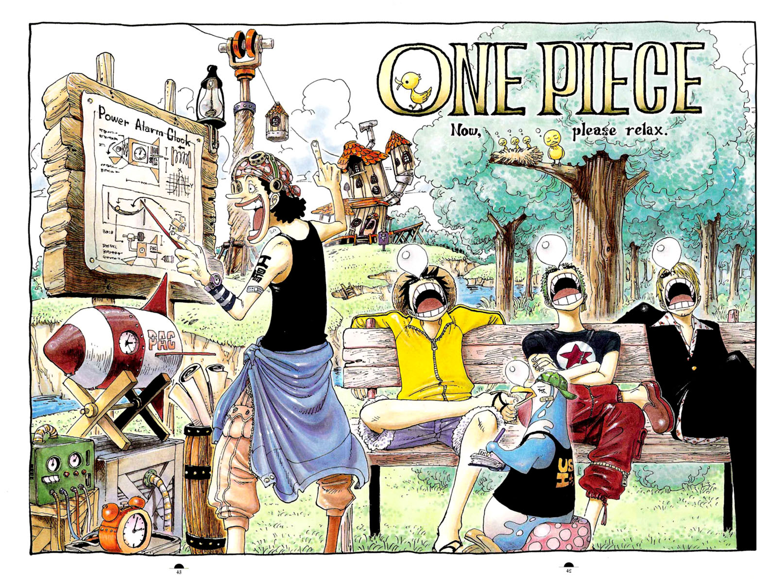 oda eiichirou, monkey d. luffy, roronoa zoro, sanji (one piece), tony tony chopper, usopp, one piece, highres, official art, 00s, 2002, 4boys, alarm clock, arm tattoo, bare shoulders, barrel, bench, bird, black hair, black pants, blonde hair, border, building, clock, color spread, copyright name, cover, cover page, crossed arms, day, formal clothes, full body, goggles, green hair, hat, jacket, lamp, male focus, multiple boys, nest, outdoors, pants, park, park bench, penguin, plant, pointer, red pants, river, rocket, scroll, shaded face, shorts, sign, sitting, sleeping, sleeveless, spiked hair, standing, star (symbol), straw hat, streetcar, suit, sunglasses, tank top, tattoo, tree, watch, wristwatch, yellow jacket, zipper