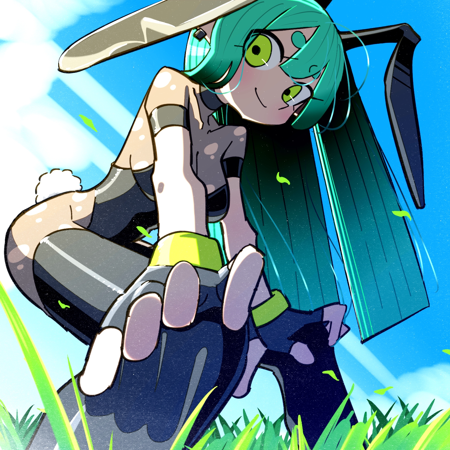 doomsdaily333, original, highres, 1girl, animal ears, black leotard, black thighhighs, bunny (vocaloid), clear sky, earrings, grass, green eyes, green hair, hands on own knees, hoop earrings, jewelry, leotard, long hair, looking at viewer, looking down, on grass, playboy bunny, rabbit ears, rabbit tail, round eyebrows, sky, solo, squatting, tail, thighhighs