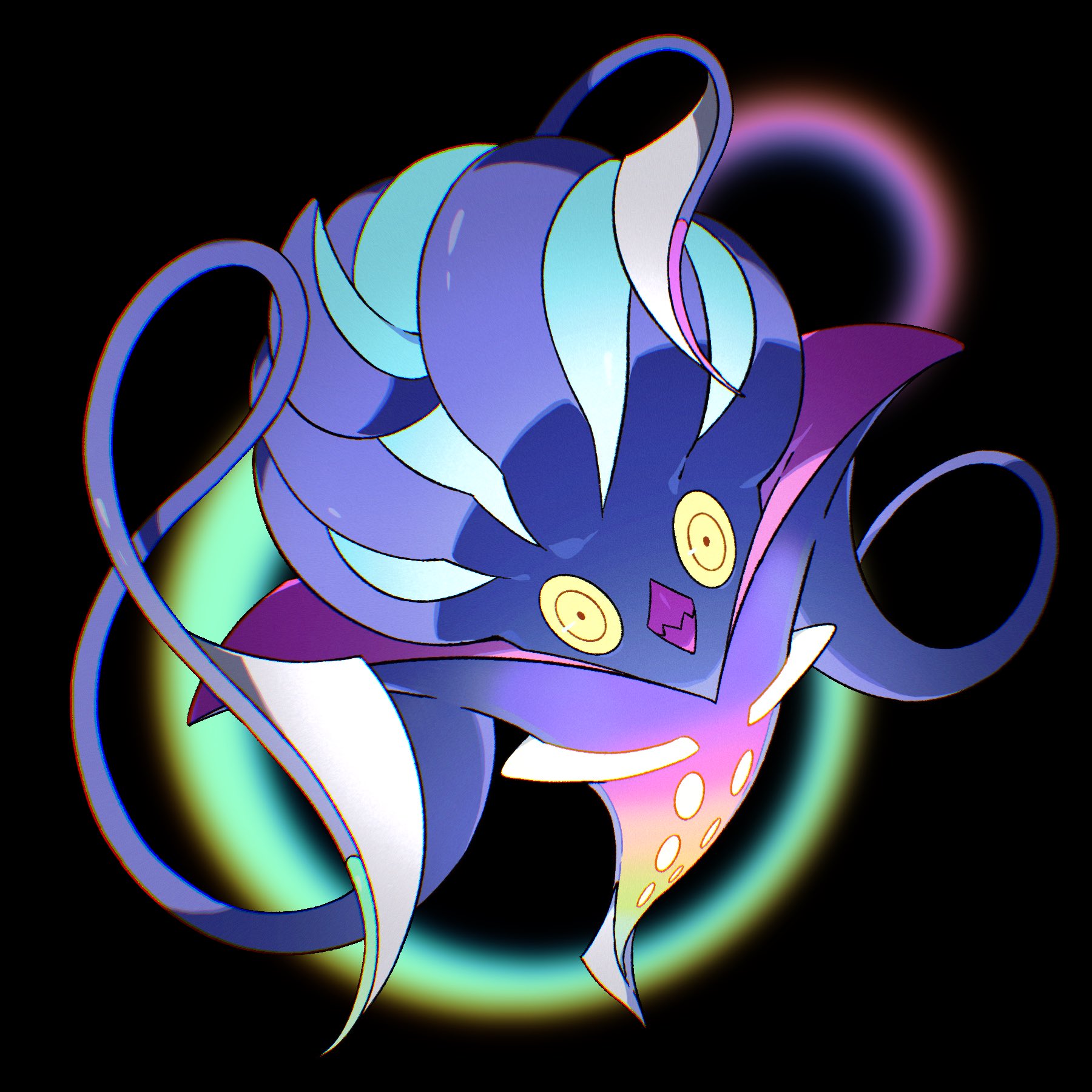 wulie errr, malamar, mega malamar, nintendo, pokemon, pokemon legends: z-a, commentary, english commentary, highres, beak, black background, closed mouth, full body, gen 6 pokemon, looking at viewer, mega pokemon, no humans, pokemon (creature), pokemon focus, solo, tentacles, yellow eyes