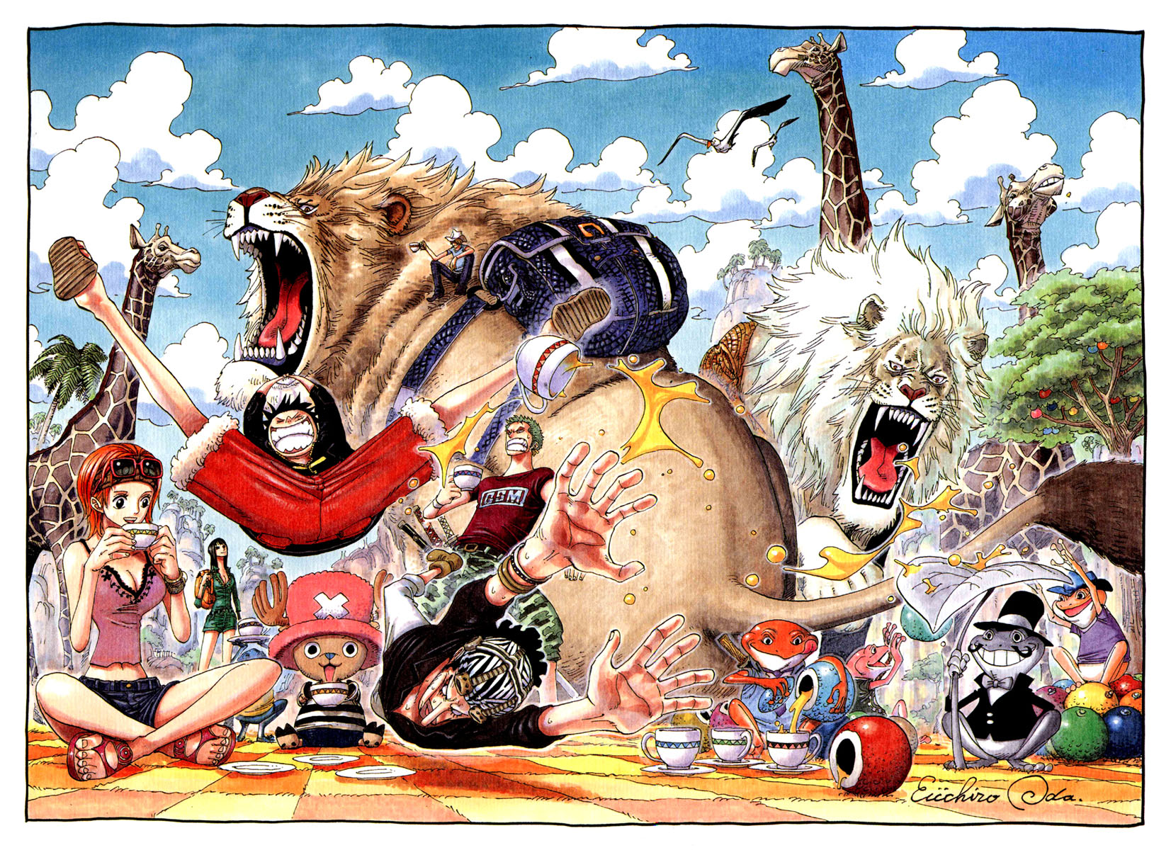 oda eiichirou, monkey d. luffy, nami (one piece), nico robin, roronoa zoro, sanji (one piece), tony tony chopper, usopp, one piece, bad tag, highres, official art, 2girls, 3boys, animal, blue sky, bow, bowtie, breasts, cleavage, cloud, cover, cover page, day, devil fruit, drinking, eating, everyone, eyewear on head, fangs, food, frog, fruit, full body, giraffe, goggles, hat, indian style, juice, kicking, lion, monster, multiple boys, multiple girls, multiple swords, open mouth, outdoors, pink hat, pirate, ponytail, red hair, red shorts, reindeer, sandai kitetsu, scared, sharp teeth, shorts, sitting, sky, spread legs, sunglasses, sword, teeth, top hat, wado ichimonji, weapon, yubashiri