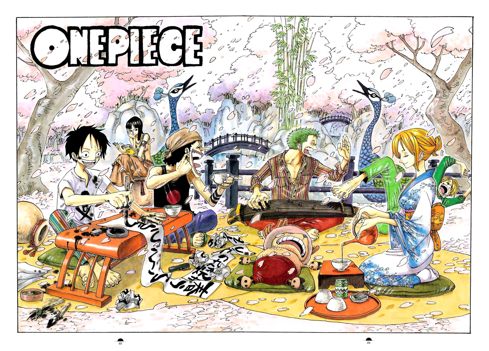 oda eiichirou, monkey d. luffy, nami (one piece), nico robin, roronoa zoro, sanji (one piece), tony tony chopper, usopp, one piece, bad tag, pot, highres, official art, 00s, 2003, 2girls, 4boys, :d, ^ ^, animal, armband, bandana, bare shoulders, barefoot, beak, bird, black hair, blonde hair, blouse, book, border, bridge, calligraphy brush, cherry blossoms, closed eyes, collarbone, color spread, copyright name, cover, cover page, crossed legs, dress, drink, drinking, everyone, food, from side, full body, green hair, green pants, green shirt, indian style, ink, instrument, japanese clothes, jolly roger, kimono, lips, long skirt, lying, multiple boys, multiple girls, music, on back, open book, open mouth, orange hair, outdoors, paintbrush, pants, park, peacock, petals, pillow, pirate, playing instrument, pond, print dress, print kimono, print pants, profile, reading, red pants, reindeer, sandals, scenery, seiza, shirt, sitting, skirt, skull and crossbones, sleeping, smile, striped clothes, striped pants, striped shirt, t-shirt, tea, tree, water