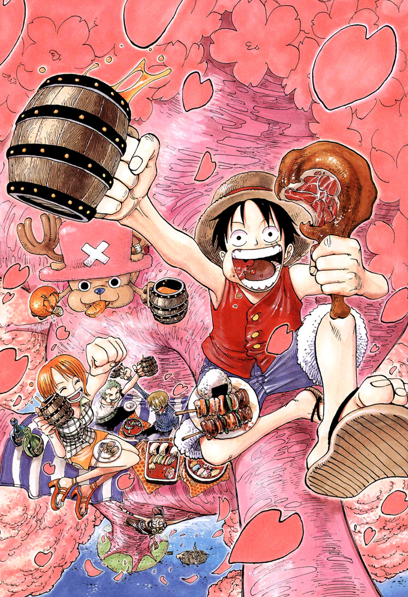 oda eiichirou, going merry, monkey d. luffy, nami (one piece), roronoa zoro, sanji (one piece), tony tony chopper, usopp, one piece, bad tag, highres, official art, 1girl, 4boys, :d, ^ ^, antlers, bandaid, bandana, barefoot, barrel, bento, black hair, blonde hair, cigarette, climbing, closed eyes, crazy eyes, cup, drinking, eating, everyone, flower, food, foreshortening, from above, fruit, full body, goggles, green hair, happy, haramaki, hat, holding, horns, in tree, looking at viewer, mandarin orange, meat, miniskirt, mug, multiple boys, ocean, onigiri, open mouth, orange (fruit), orange hair, overalls, pink hat, pirate, reindeer, running, sandals, shorts, sitting, skewer, skirt, smile, smoking, straw hat, toasting (gesture), tree, vest, wide-eyed
