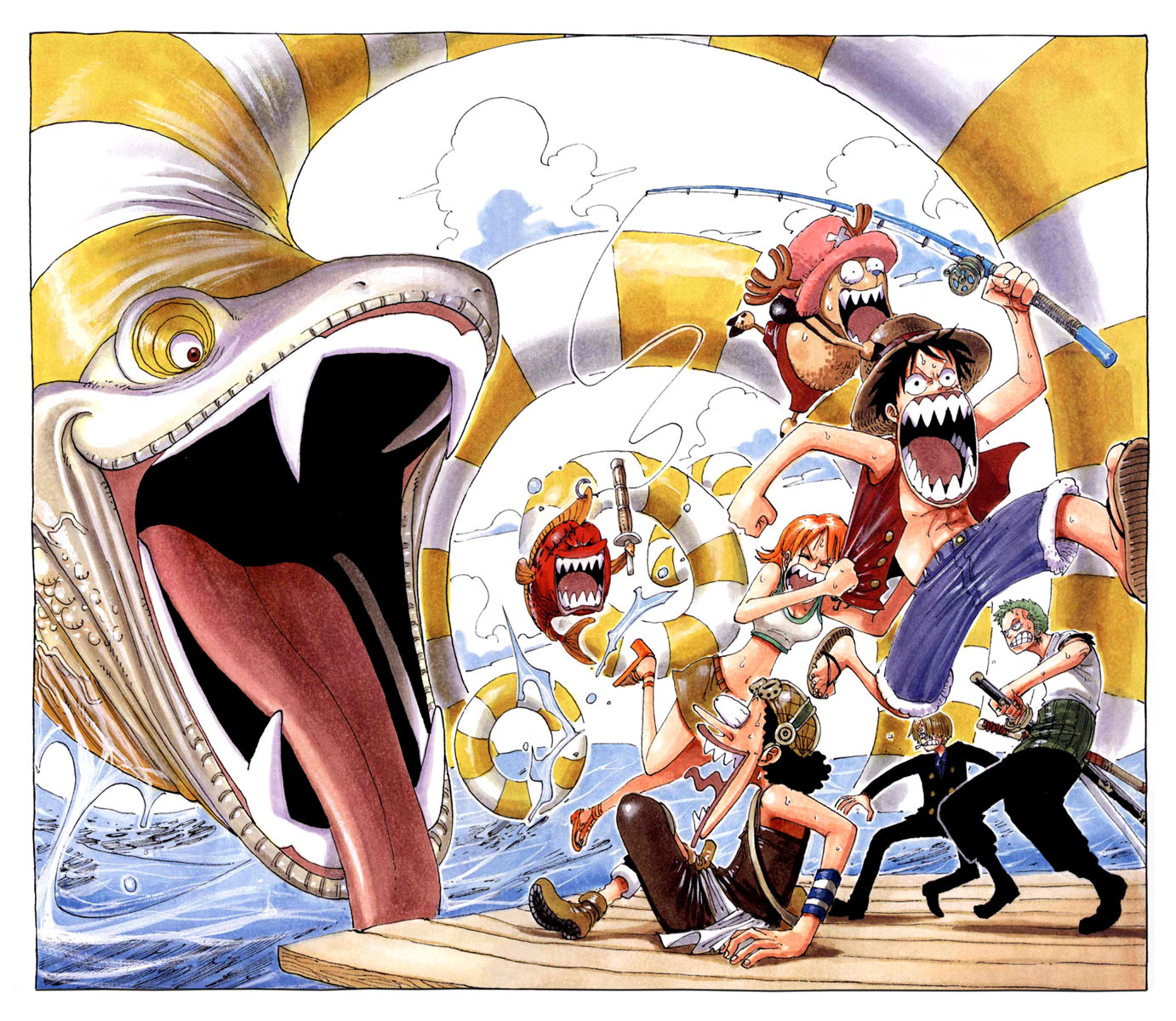 oda eiichirou, monkey d. luffy, nami (one piece), roronoa zoro, sanji (one piece), tony tony chopper, usopp, one piece, bad tag, highres, official art, 1girl, 4boys, animal, bag, bandana, black hair, black pants, blonde hair, boots, border, bulging eyes, cigar, clenched teeth, cloud, everyone, eye pop, fish, fishing, fishing rod, formal clothes, fuzzy hat, giant snake, goggles, goggles on head, hair over one eye, hand on headwear, haramaki, hat, innertube, midriff, monster, multiple boys, multiple swords, ocean, open mouth, orange hair, overalls, oversized animal, pants, pink hat, pirate, reindeer, running, sandai kitetsu, sandals, sash, screaming, sea monster, sharp teeth, sheath, shorts, smoking, snake, straw hat, suit, surprised, swim ring, sword, tattoo, teeth, wado ichimonji, water, weapon, x (symbol), yubashiri