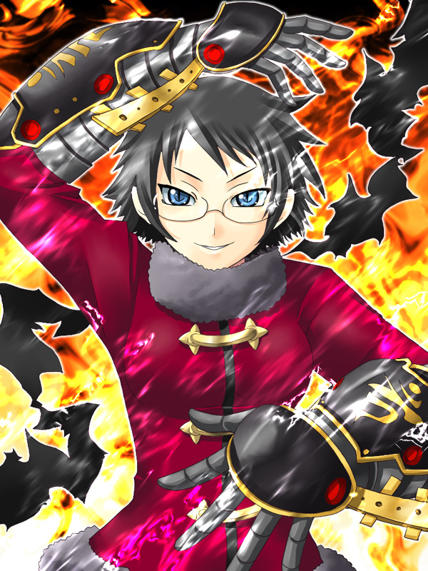 yaso shigeru, alchemist (sekaiju), alchemist 2 (sekaiju), atlus, etrian odyssey, alchemist, black hair, fire, glasses, scarf, solo