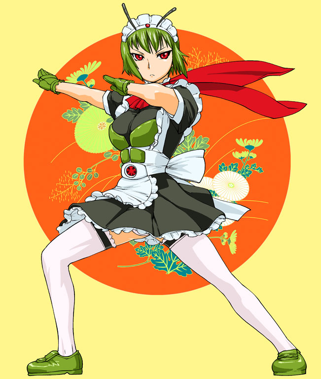 ueyama michirou, kamen rider 2, rider-tan, kamen rider, kamen rider (1st series), md5 mismatch, resolution mismatch, source larger, 1girl, antennae, belt, female focus, full body, green hair, maid, red eyes, scarf, solo, thighhighs