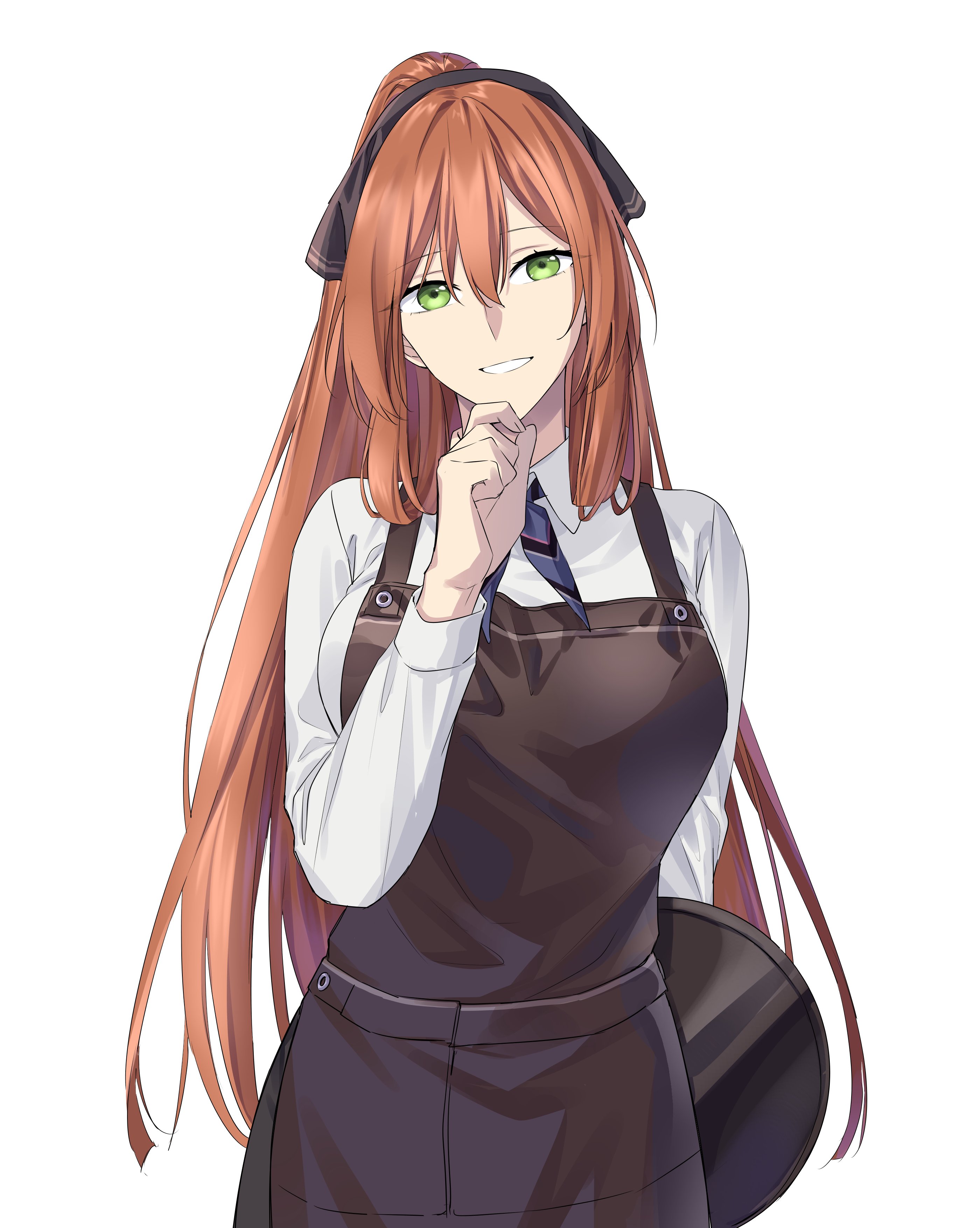 suprii, springfield (girls' frontline), girls' frontline, absurdres, highres, 1girl, apron, arms behind back, black pants, breasts, brown apron, brown hair, collared shirt, green eyes, hair between eyes, hair rings, hand on own chin, hand up, head tilt, holding, holding tray, large breasts, long hair, long sleeves, looking at viewer, neckerchief, pants, ponytail, shirt, skirt, smile, solo, tray, white shirt