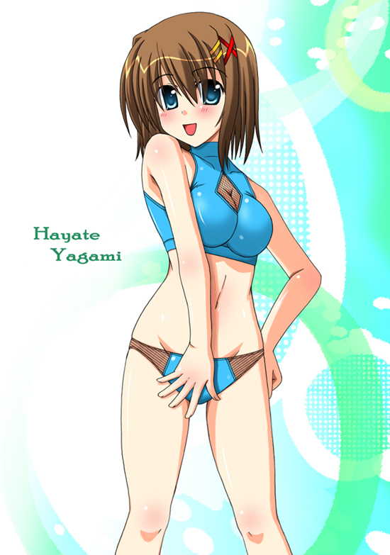 yagami hayate, lyrical nanoha, mahou shoujo lyrical nanoha, mahou shoujo lyrical nanoha strikers, 00s, 1girl, bad anatomy, bikini, blue bikini, blue eyes, brown hair, female focus, hair ornament, poorly drawn, short hair, solo, swimsuit, x hair ornament