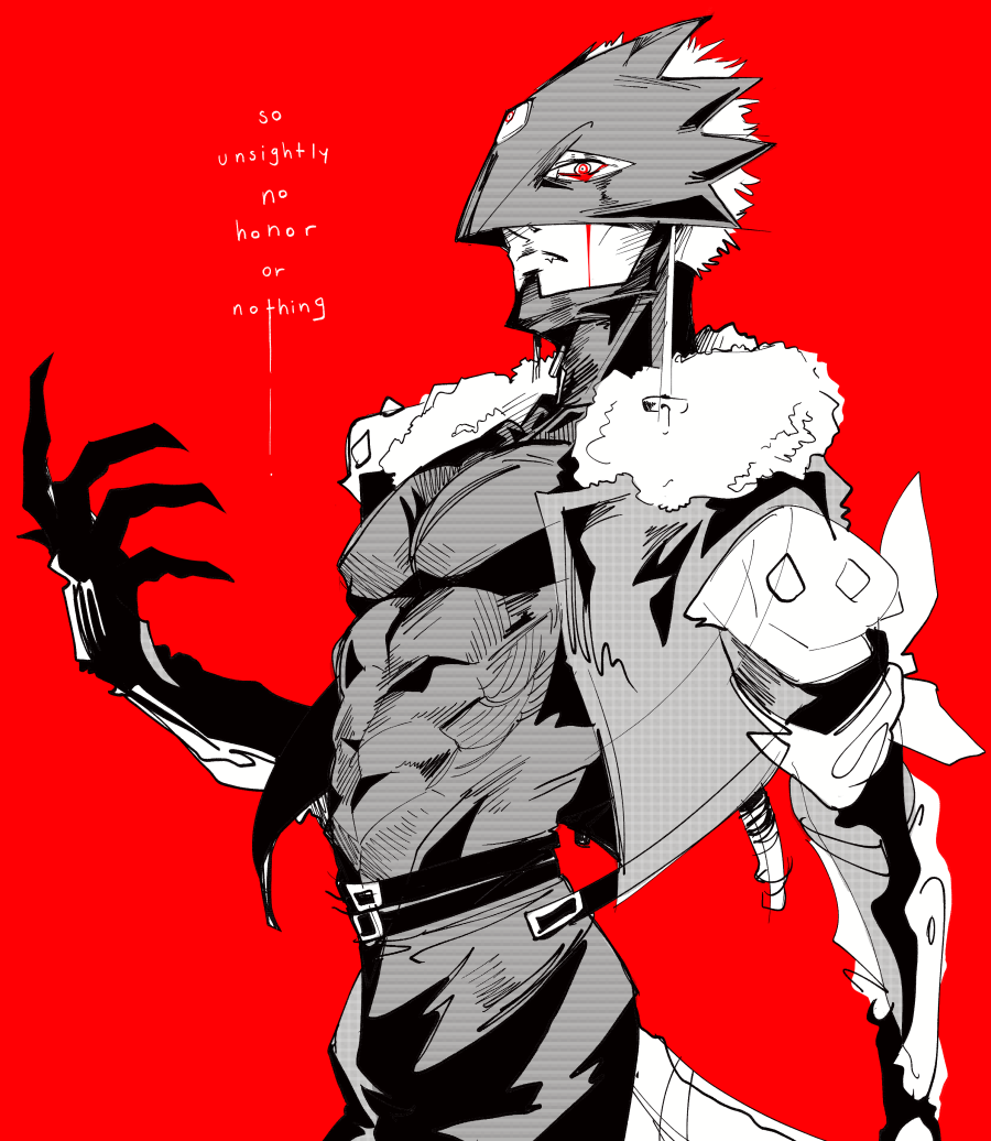 karina farek, beelzebumon, digimon, 1boy, black jacket, demon, demon boy, digimon (creature), eye mask, fur-trimmed jacket, fur trim, jacket, male focus, mask, red eyes, short hair, solo, third eye
