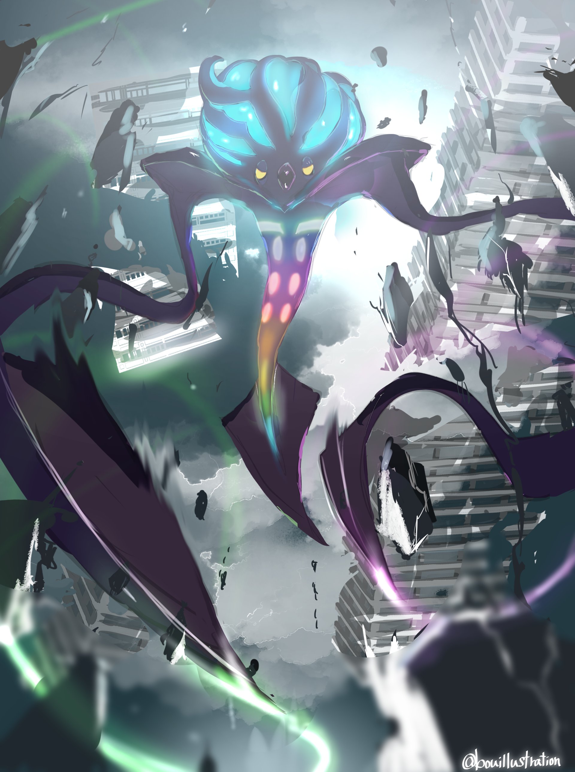 bo (bouillustration), malamar, mega malamar, nintendo, pokemon, pokemon legends: z-a, absurdres, highres, beak, floating, full body, gen 6 pokemon, looking at viewer, mega pokemon, no humans, outdoors, pokemon (creature), pokemon focus, solo, tentacles, yellow eyes