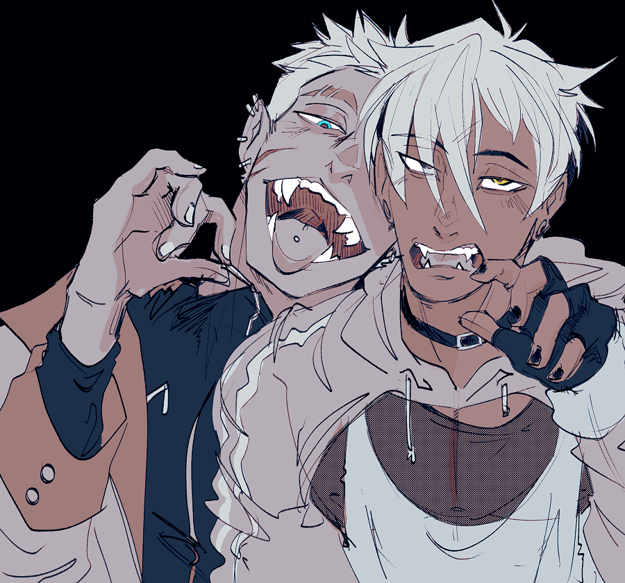 karina farek, 2boys, blue eyes, choker, dark-skinned male, dark skin, destielconfession, drawfee, ear piercing, fangs, fingernails, multiple boys, piercing, scoot mckool, shirt, teeth, tongue, tongue out, tongue piercing, white hair, yellow eyes
