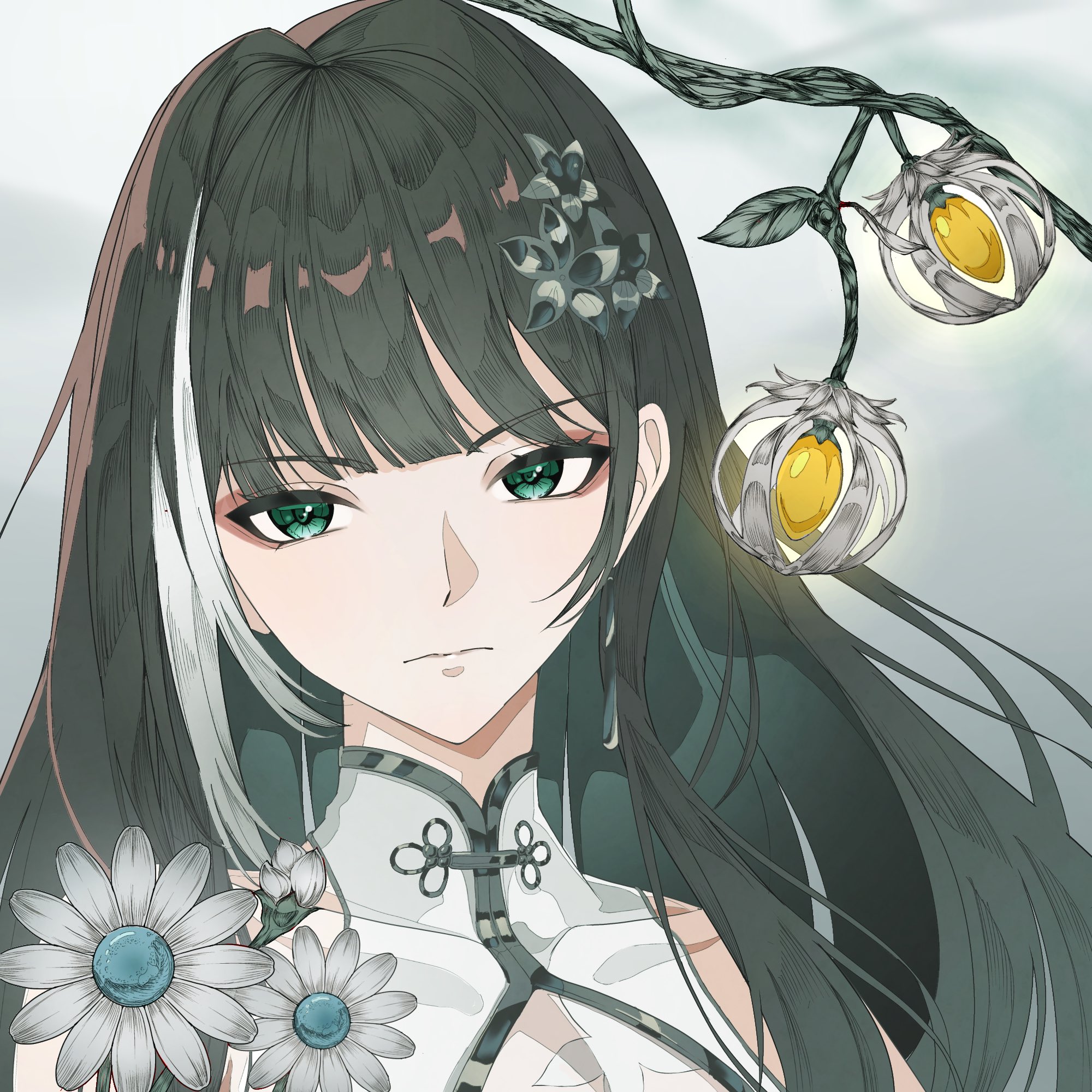 baizhi (wuthering waves), wuthering waves, highres, 1girl, black hair, closed mouth, collar, earrings, flower, ga (espj7837), green eyes, hair flower, hair ornament, jewelry, long hair, multicolored hair, portrait, sidelocks, simple background, solo, two-tone hair, white background, white collar, white flower, white hair