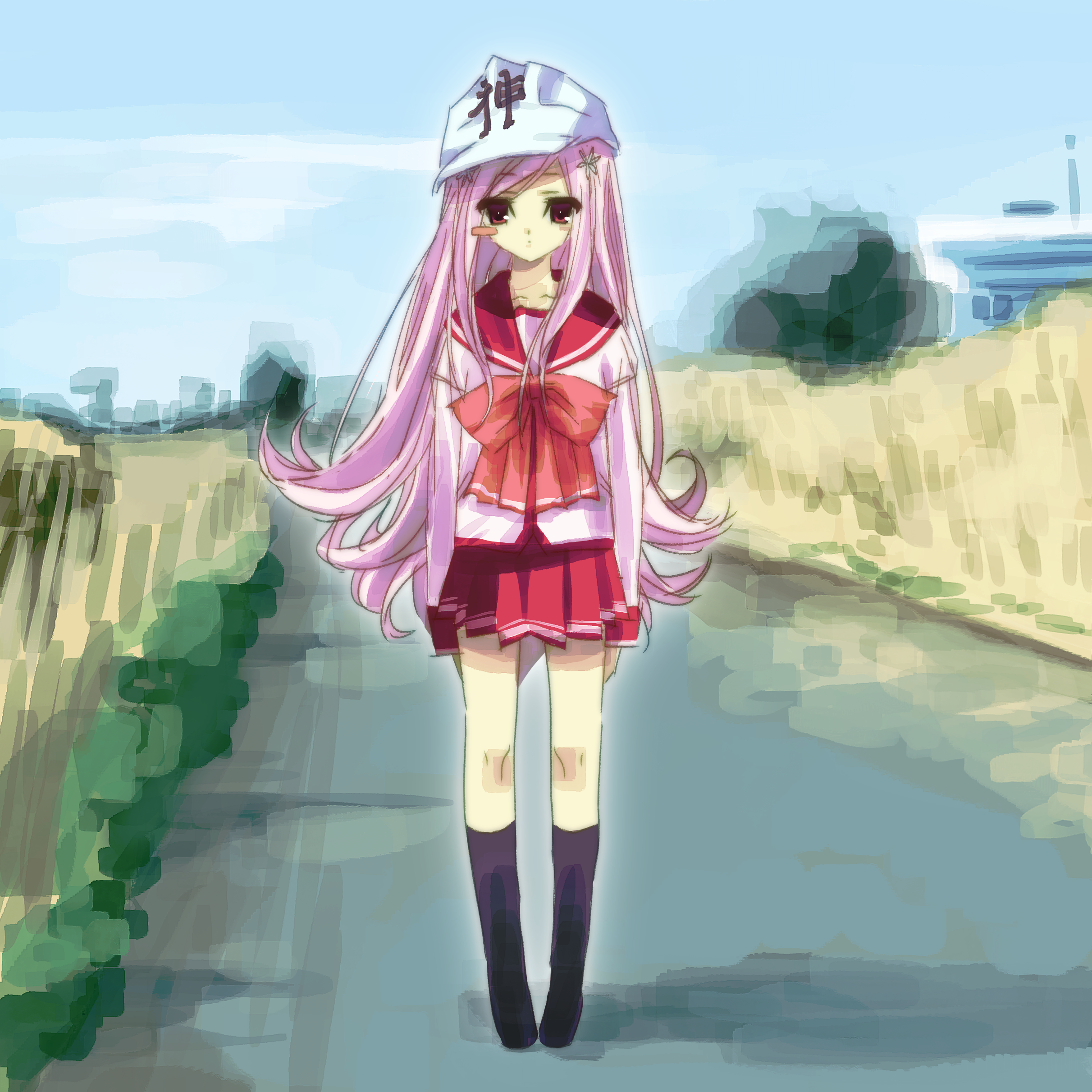 tako3000, lucy maria misora, denpa onna to seishun otoko, shinsei kamattechan, to heart (series), to heart 2, absurdres, commentary request, highres, 1girl, arms at sides, black socks, blue sky, blush stickers, bow, bowtie, closed mouth, day, expressionless, field, full body, grass, hard hat, helmet, kneehighs, long hair, long sleeves, looking at viewer, outdoors, parody, pink bow, pink bowtie, pink hair, pink shirt, pleated skirt, red eyes, red sailor collar, red skirt, road, sailor collar, school uniform, serafuku, shirt, single blush sticker, skirt, sky, socks, solo, straight-on, swept bangs