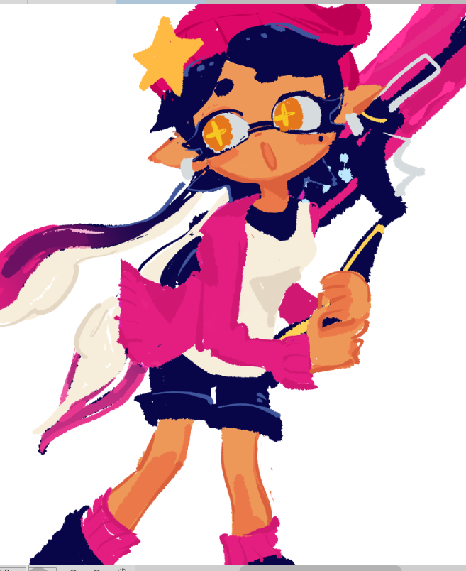 callie (agent 1 casual) (splatoon), callie (splatoon), nintendo, splatoon (series), splatoon 1, + +, 1girl, :o, art program in frame, beanie, black shorts, blush, cardigan, earrings, gradient hair, hair ornament, hat, inkling, jacket, jewelry, long hair, long sleeves, looking to the side, lower body, mole, mole under eye, multicolored hair, open mouth, parted bangs, pink cardigan, pink socks, pointy ears, shirt, short bangs, short eyebrows, shorts, socks, solo, splat roller (splatoon), star-shaped pupils, star (symbol), star hair ornament, symbol-shaped pupils, tentacle hair, thick eyebrows, undershirt, white shirt