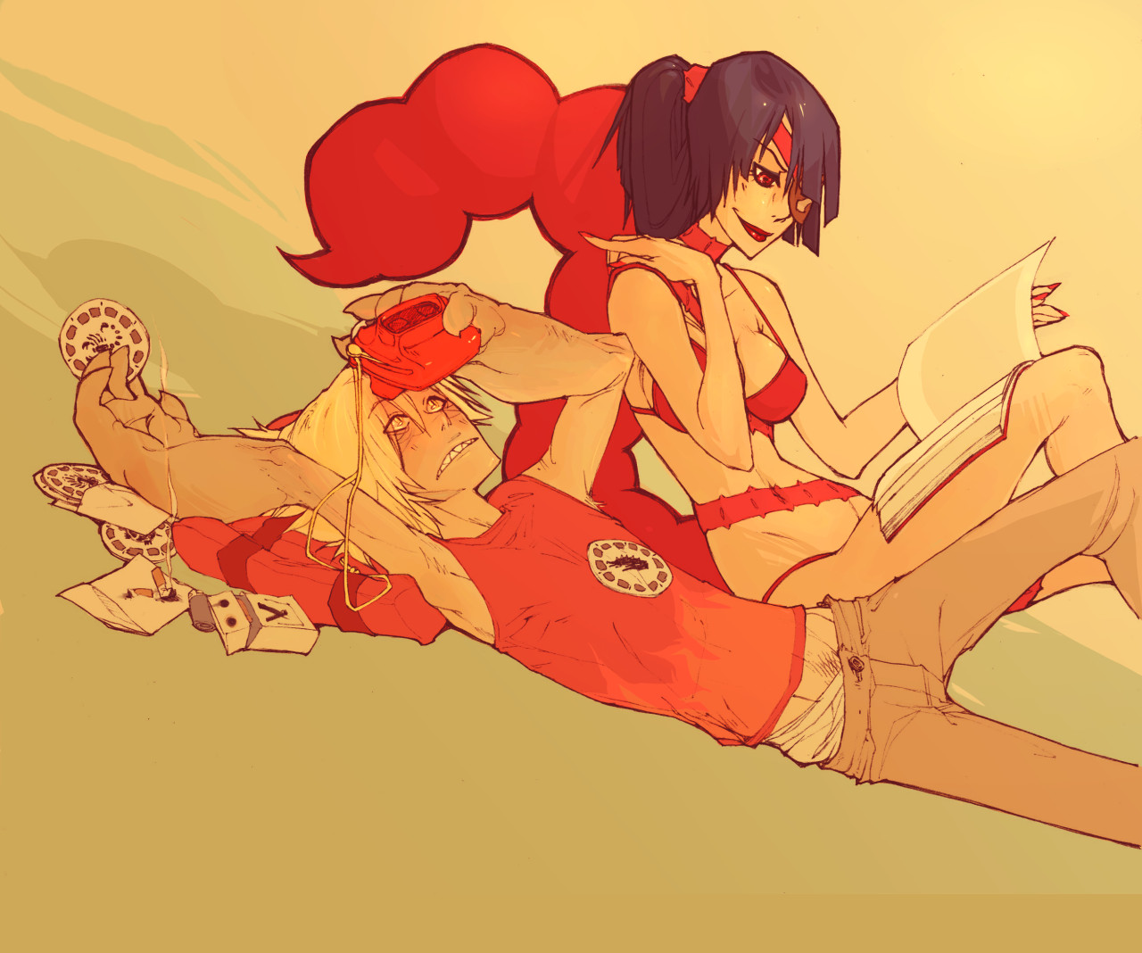 klar, adiane, viral (ttgl), tengen toppa gurren lagann, bad deviantart id, bad id, 00s, 1boy, 1girl, bikini, blonde hair, eyepatch, male pubic hair, mundane utility, pubic hair, scorpion tail, swimsuit, tail, viewmaster