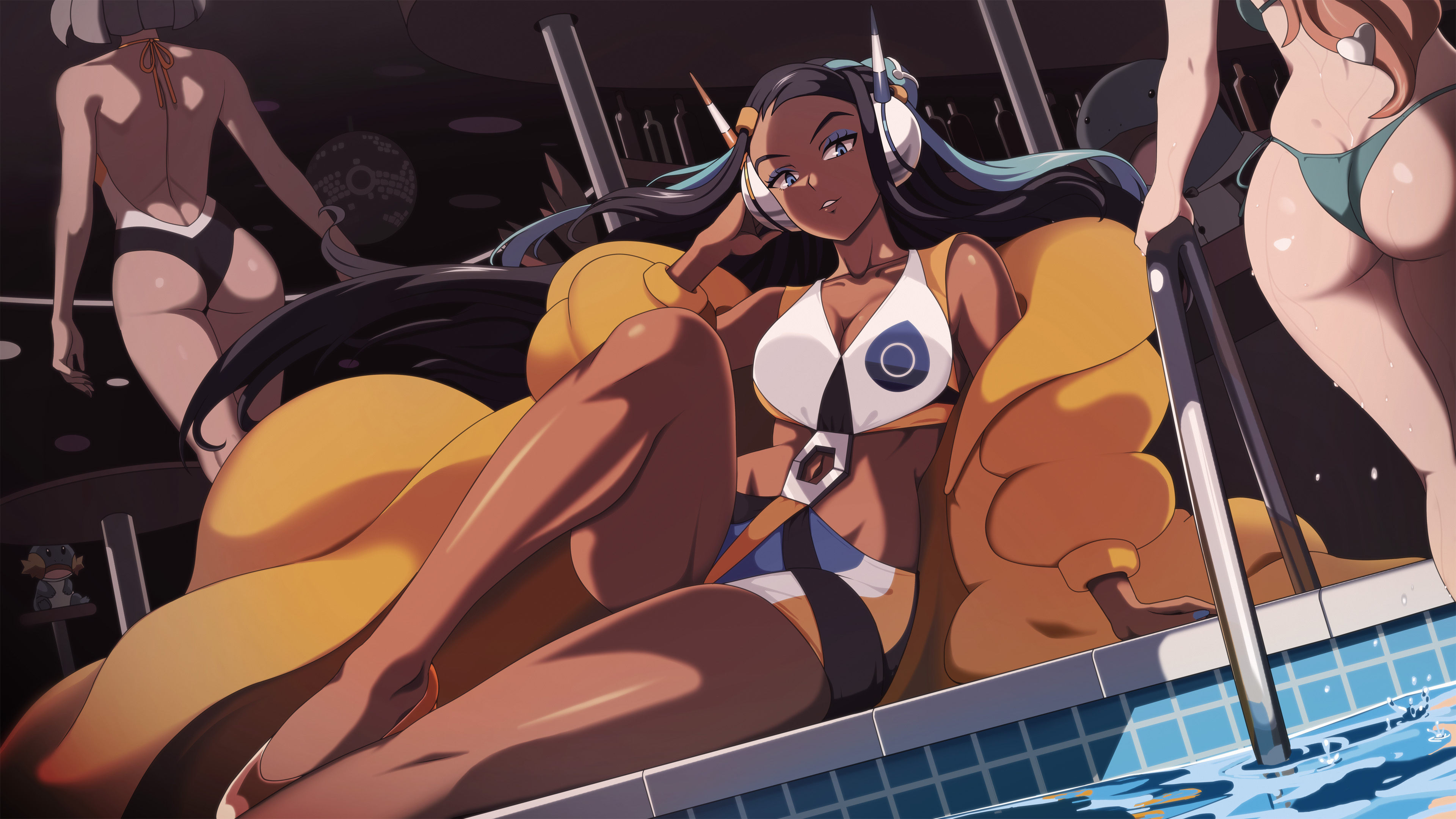 vivivoovoo, bea (pokemon), elesa (pokemon), mudkip, nessa (pokemon), quagsire, sonia (pokemon), nintendo, pokemon, pokemon swsh, absurdres, commentary, highres, 3girls, arm support, ass, backless swimsuit, bare arms, bare shoulders, bikini, black hair, blue eyes, blue eyeshadow, blue hair, blue nails, breasts, coat, cosplay, crop top, dark-skinned female, dark skin, dutch angle, elesa (pokemon) (cosplay), eyeshadow, fingernails, floating hair, foot out of frame, fur coat, gen 2 pokemon, gen 3 pokemon, gold shoes, green bikini, grey hair, hair ornament, headphones, heart, heart hair ornament, large breasts, long hair, long sleeves, looking at viewer, makeup, multicolored hair, multiple girls, nail polish, off shoulder, one-piece swimsuit, open mouth, orange hair, parted lips, pokemon (creature), poolside, puffy long sleeves, puffy sleeves, shoes, short hair, shorts, sitting, skindentation, solo focus, swimsuit, two-tone hair, very long hair, water, yellow coat, yokozuwari