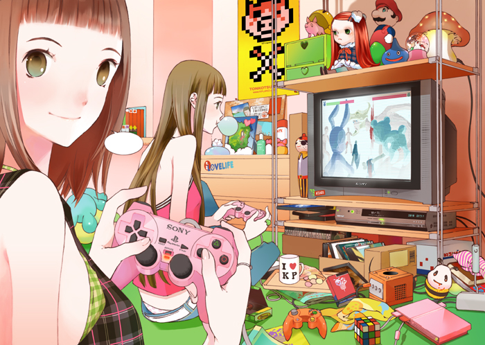 naoe marimo, mario, mario (series), nintendo, original, sony, super mario bros. 1, 2girls, bedroom, blowing bubble gum, blowing bubbles, blunt bangs, book, brown hair, chest of drawers, chewing gum, controller, cup, doll, game console, gamecube, indoors, jewelry, looking at viewer, mug, multiple girls, mushroom, playing games, playstation 2, ring, rubik's cube, shelf, super mushroom, television, video game