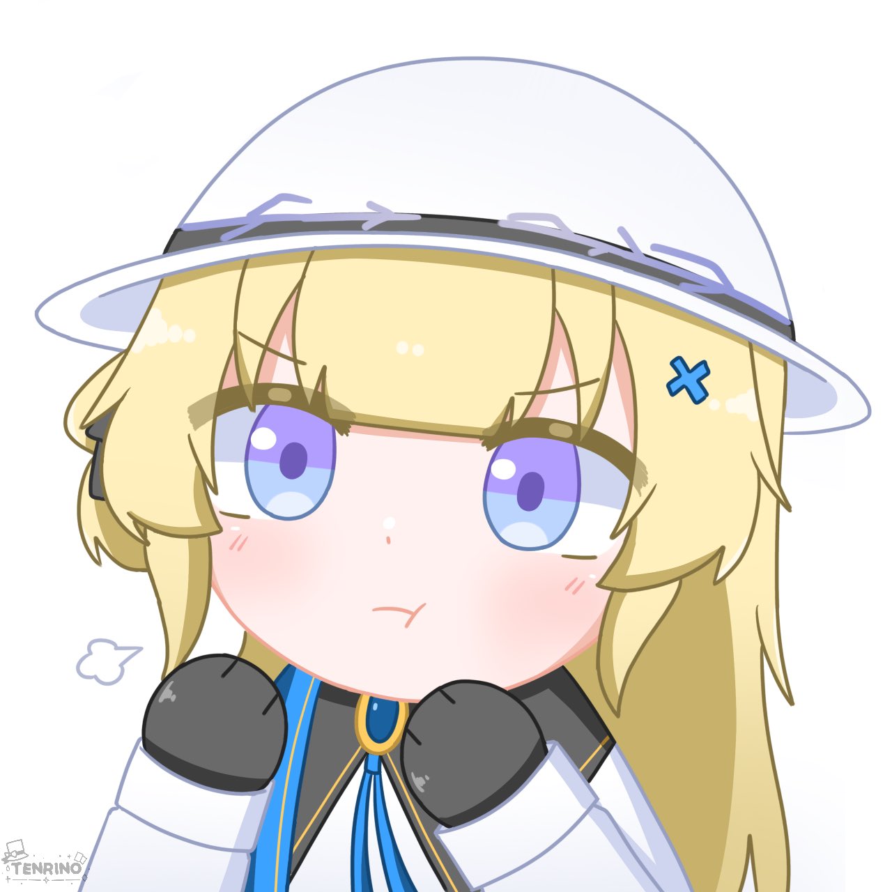 tenrino, phoebe (wuthering waves), wuthering waves, commentary, english commentary, highres, textless version, 1girl, :t, ahoge, artist logo, black gloves, blonde hair, blue eyes, closed mouth, gloves, hair ornament, hands up, hat, logo, long hair, long sleeves, looking at viewer, pout, puff of air, shirt, simple background, solo, upper body, white background, white hat, white shirt, x hair ornament