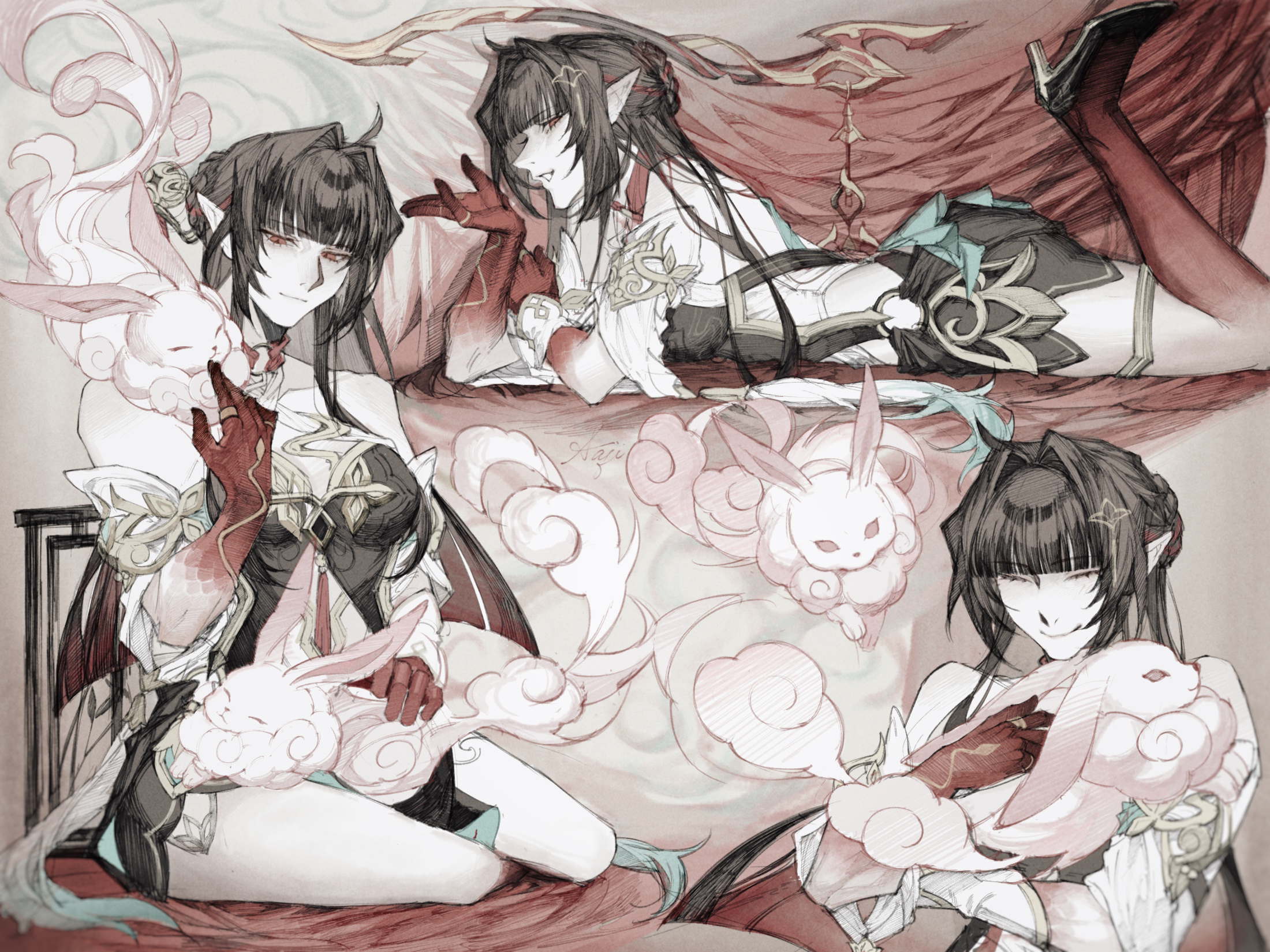sajililli, fuyuan (honkai: star rail), lingsha (honkai: star rail), honkai: star rail, honkai (series), highres, 1girl, ahoge, bare shoulders, black hair, blunt bangs, braid, braided bun, closed mouth, clothing cutout, colored extremities, colored skin, criss-cross halter, detached sleeves, dress, gradient skin, hair bun, hair intakes, hair ornament, hair stick, half-closed eyes, halterneck, hand on own arm, hand up, high heels, hug, jewelry, light smile, long hair, looking at another, looking at viewer, lying, multicolored hair, multicolored skin, multiple rings, multiple views, on stomach, parted lips, pointy ears, red eyes, red feet, red hair, red hands, red skin, ring, sideways glance, single hair bun, sitting, smile, stomach cutout, two-tone hair, very long hair