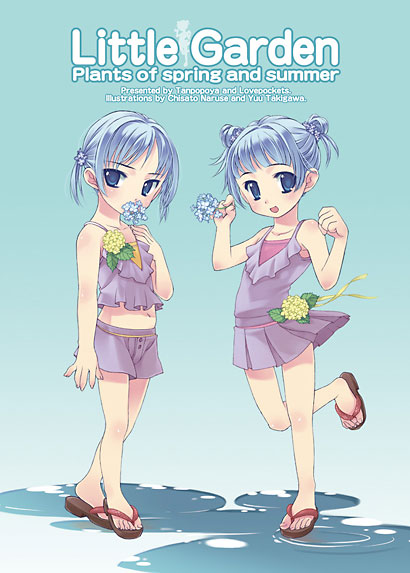 takigawa yuu, original, 2girls, blue background, blue eyes, blue hair, dress, full body, leg up, looking at viewer, multiple girls, purple dress, sandals, short hair, shorts, siblings, simple background, sisters, standing, standing on one leg, twins