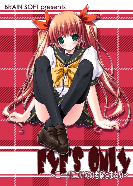 amane soh, original, 1girl, black thighhighs, blunt bangs, bow, bowtie, brown shoes, convenient censoring, convenient leg, crossed legs, female focus, full body, green eyes, hair ribbon, loafers, looking at viewer, orange hair, red ribbon, ribbon, school uniform, serafuku, shirt, shoes, solo, thighhighs, white shirt, yellow bow, yellow bowtie, zettai ryouiki