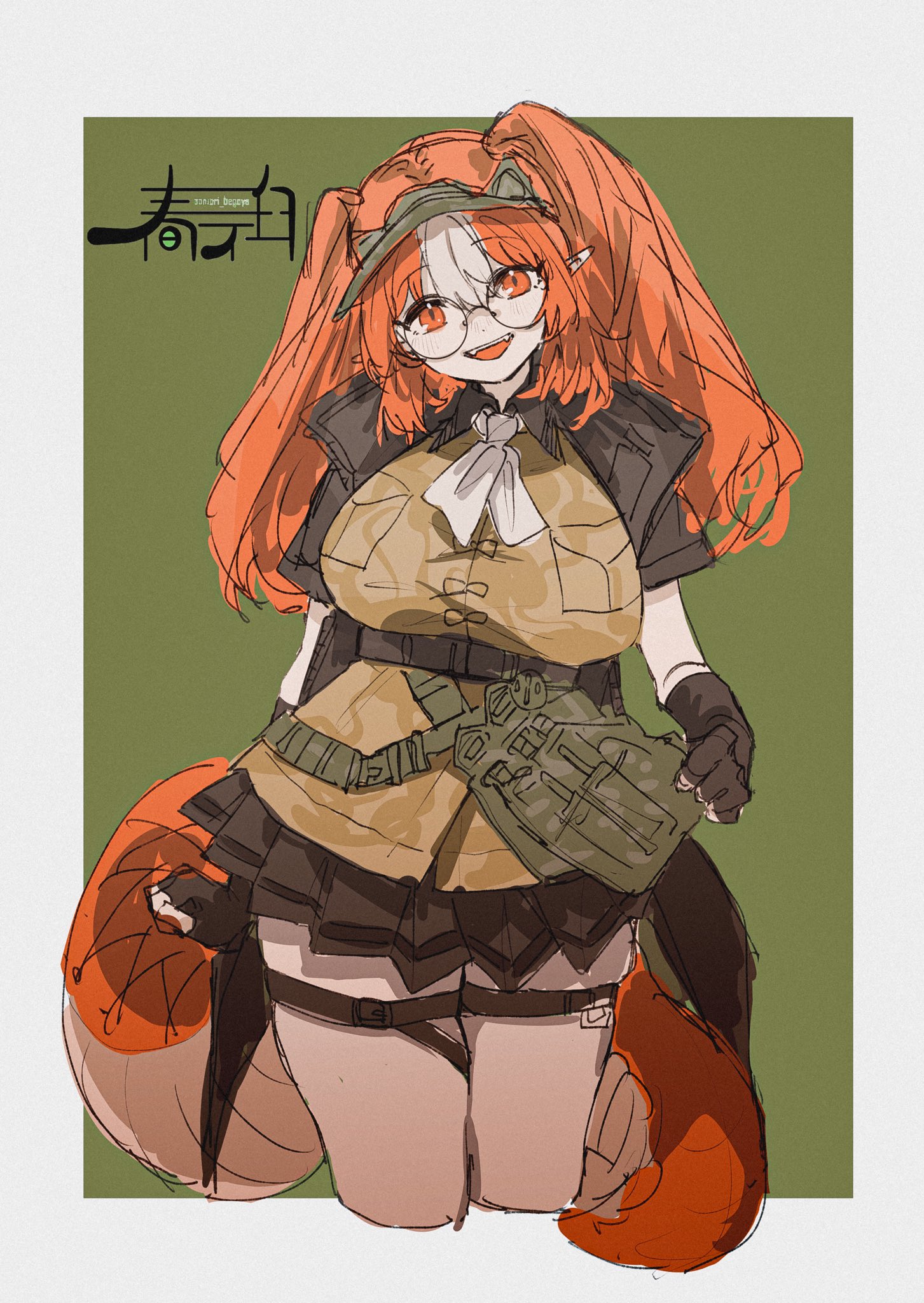 harukan tiusu, wulfenite (arknights), arknights, commentary request, highres, 1girl, artist name, black gloves, black skirt, breasts, fangs, fingerless gloves, glasses, gloves, green background, jacket, large breasts, long hair, looking at viewer, multicolored hair, open mouth, orange eyes, orange hair, pointy ears, reptile girl, round eyewear, skirt, smile, snake girl, snake tail, solo, tail, thick tail, thighhighs, two-tone background, two-tone hair, visor cap, white background, white hair, white thighhighs, zettai ryouiki