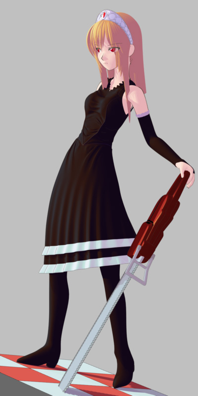 ekkusu kyuuzu, hime (kaibutsu oujo), kaibutsu oujo, 00s, 1girl, 3d, blonde hair, chainsaw, crown, dress, female focus, frown, full body, grey background, hat, pantyhose, solo, standing, tiara