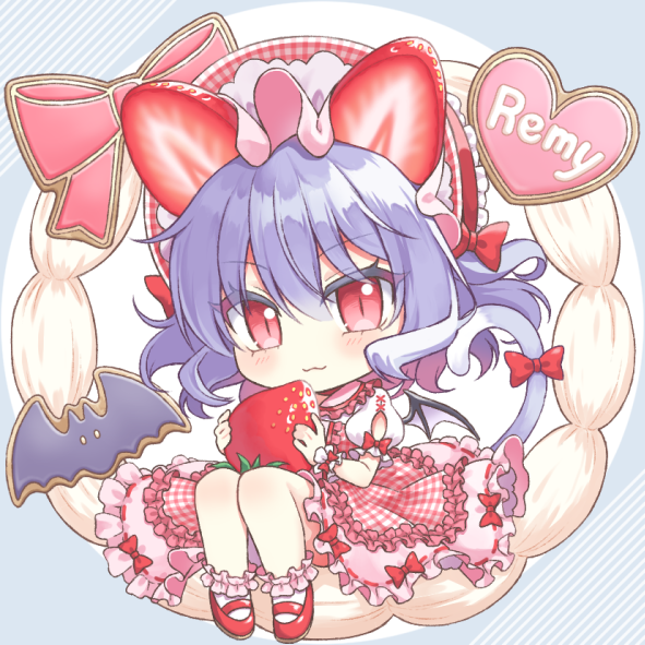 beni kurage, remilia scarlet, touhou, commentary request, 1girl, :3, animal ears, animal print, apple, bat print, bat wings, blue hair, bow, bow print, cat ears, cat tail, chibi, dress, eating, food, frilled hairband, frills, fruit, full body, hair between eyes, hairband, heart, heart print, holding, holding food, holding fruit, lolita fashion, lolita hairband, looking at viewer, mary janes, pink dress, plaid clothes, plaid dress, puffy short sleeves, puffy sleeves, red bow, red eyes, red hairband, red shoes, shoes, short hair, short sleeves, simple background, sitting, smile, solo, strawberry, tail, tail bow, tail ornament, wings
