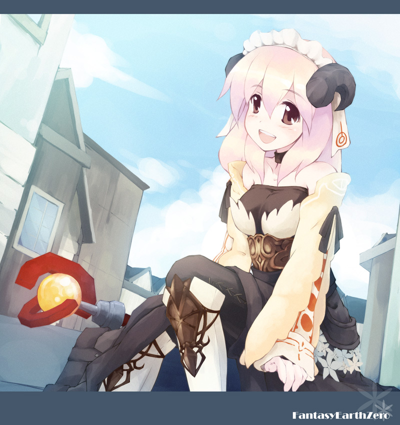 yukitarou (awamori), corriedale (fantasy earth zero), fantasy earth zero, 1girl, brown eyes, cloud, day, female focus, happy, horns, maid headdress, pink hair, sheep horns, short hair, sky, solo