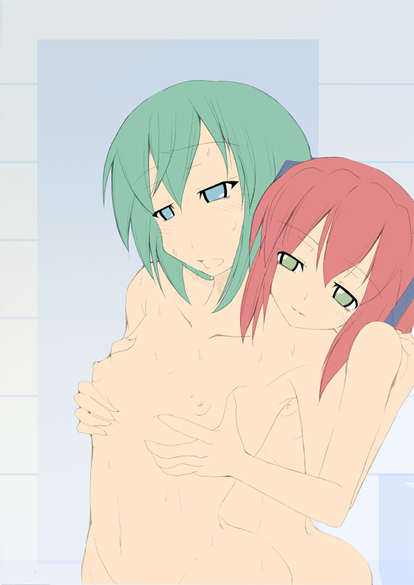 oborozuki, rougetsu (eclipse), iwasaki minami, kobayakawa yutaka, lucky star, 00s, 2girls, breasts, grabbing another's breast, groping, multiple girls, nude, yuri