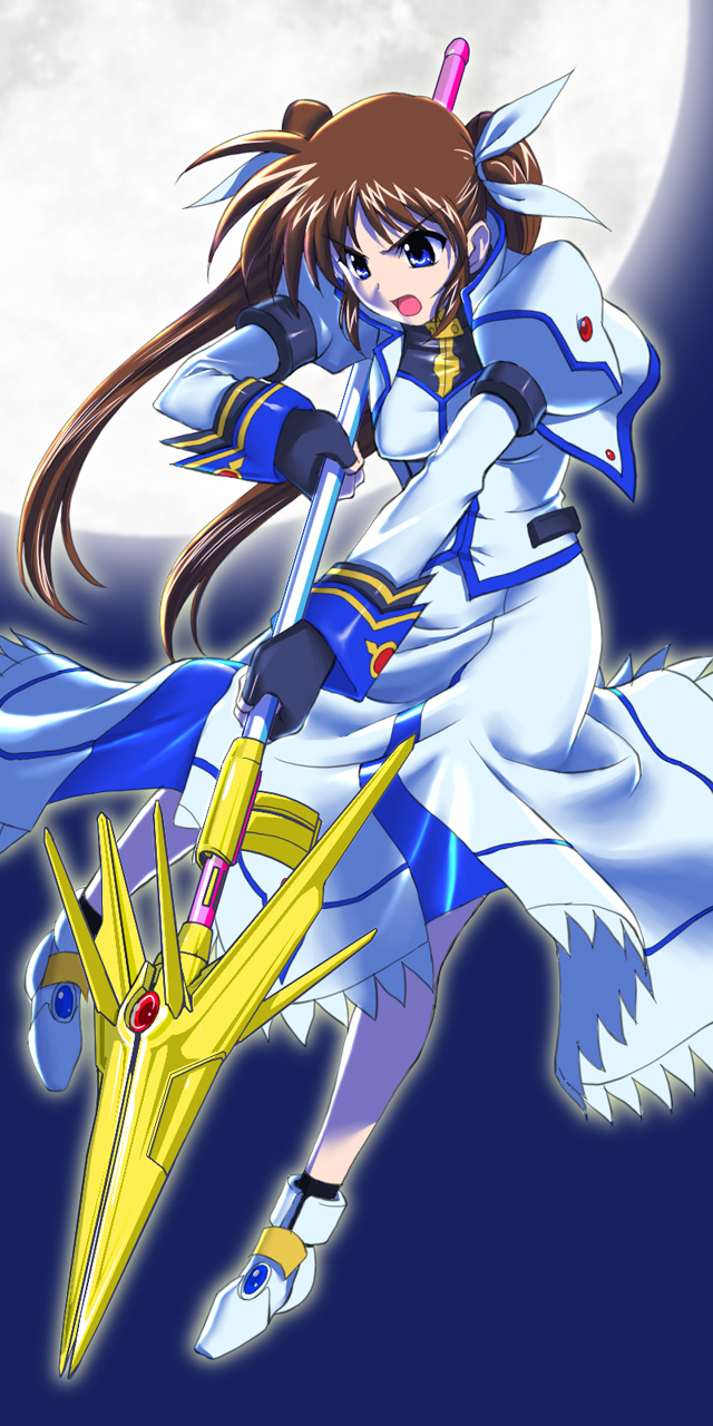 g-tetsu, raising heart, raising heart (exceed mode), takamachi nanoha, takamachi nanoha (exceed mode), lyrical nanoha, mahou shoujo lyrical nanoha, mahou shoujo lyrical nanoha strikers, highres, 00s, 1girl, blue eyes, brown hair, female focus, fingerless gloves, gloves, jacket, long hair, magazine (weapon), magical girl, moon, open clothes, open jacket, purple eyes, red hair, solo, twintails, weapon