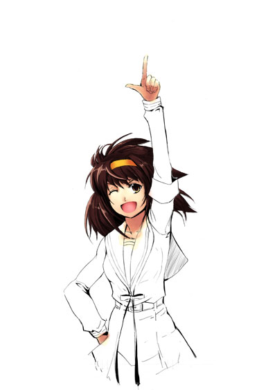gin'ichi (akacia), ginichi, suzumiya haruhi, suzumiya haruhi no yuuutsu, 00s, 1girl, brown hair, female focus, pointing, school uniform, serafuku, short hair, solo
