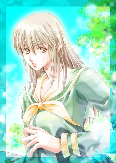 satou sei, maria-sama ga miteru, 00s, 1girl, blonde hair, blue sky, border, brown eyes, brown hair, collarbone, day, female focus, green shirt, long hair, long sleeves, looking at viewer, plant, sailor collar, school uniform, serafuku, shirt, sky, solo, tree, upper body