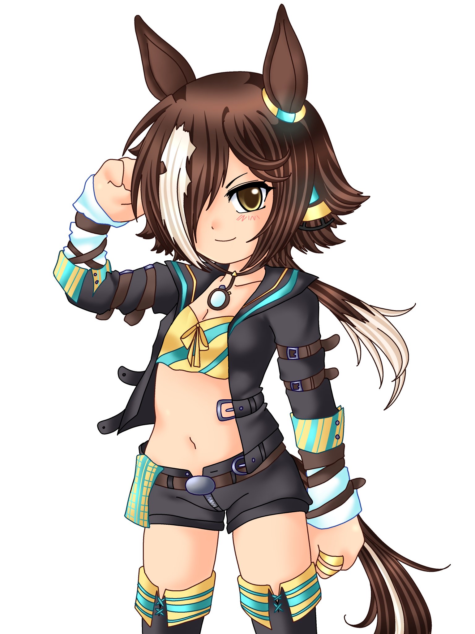seacatscrying, vodka (umamusume), umamusume, highres, 1girl, animal ears, blush, brown hair, buckle, cowboy shot, hair over one eye, hand on own head, hand up, horse ears, horse girl, horse tail, long hair, long sleeves, looking at viewer, multicolored hair, navel, open clothes, ryukishi07 (style), short shorts, shorts, simple background, smile, solo, tail, two-tone hair, vodka (wild top gear) (umamusume), white background, white hair, yellow eyes