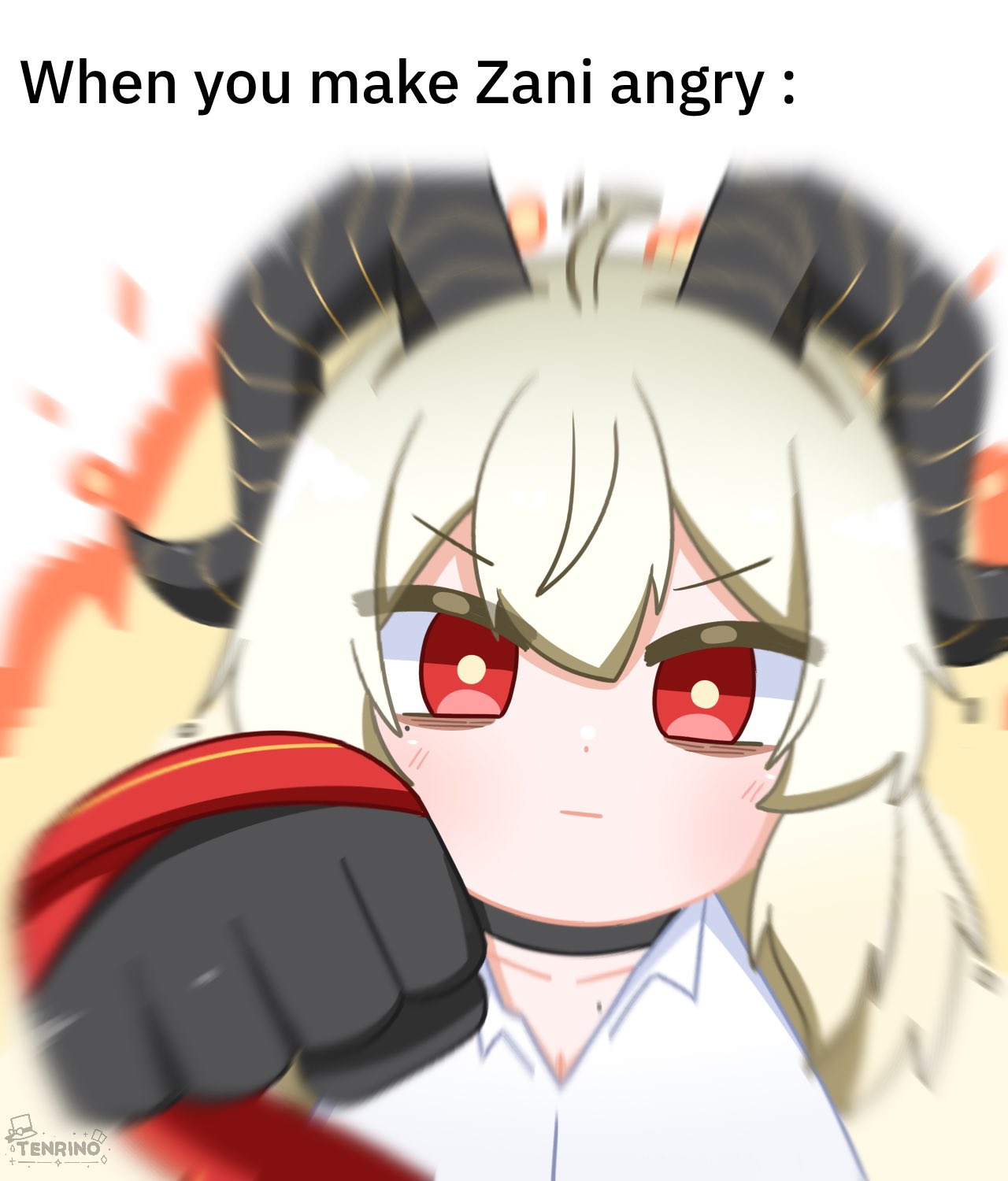 tenrino, zani (wuthering waves), wuthering waves, commentary, english commentary, highres, 1girl, ahoge, artist logo, black choker, black gloves, black horns, blonde hair, choker, closed mouth, collarbone, curled horns, english text, gloves, horns, incoming attack, incoming punch, logo, long hair, looking at viewer, punching, red eyes, shirt, solo, upper body, v-shaped eyebrows, white shirt