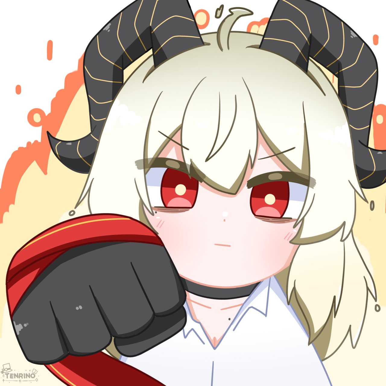 tenrino, zani (wuthering waves), wuthering waves, commentary, english commentary, highres, textless version, 1girl, ahoge, artist logo, black choker, black gloves, black horns, blonde hair, choker, closed mouth, collarbone, curled horns, gloves, horns, incoming attack, incoming punch, logo, long hair, looking at viewer, punching, red eyes, shirt, solo, upper body, v-shaped eyebrows, white shirt