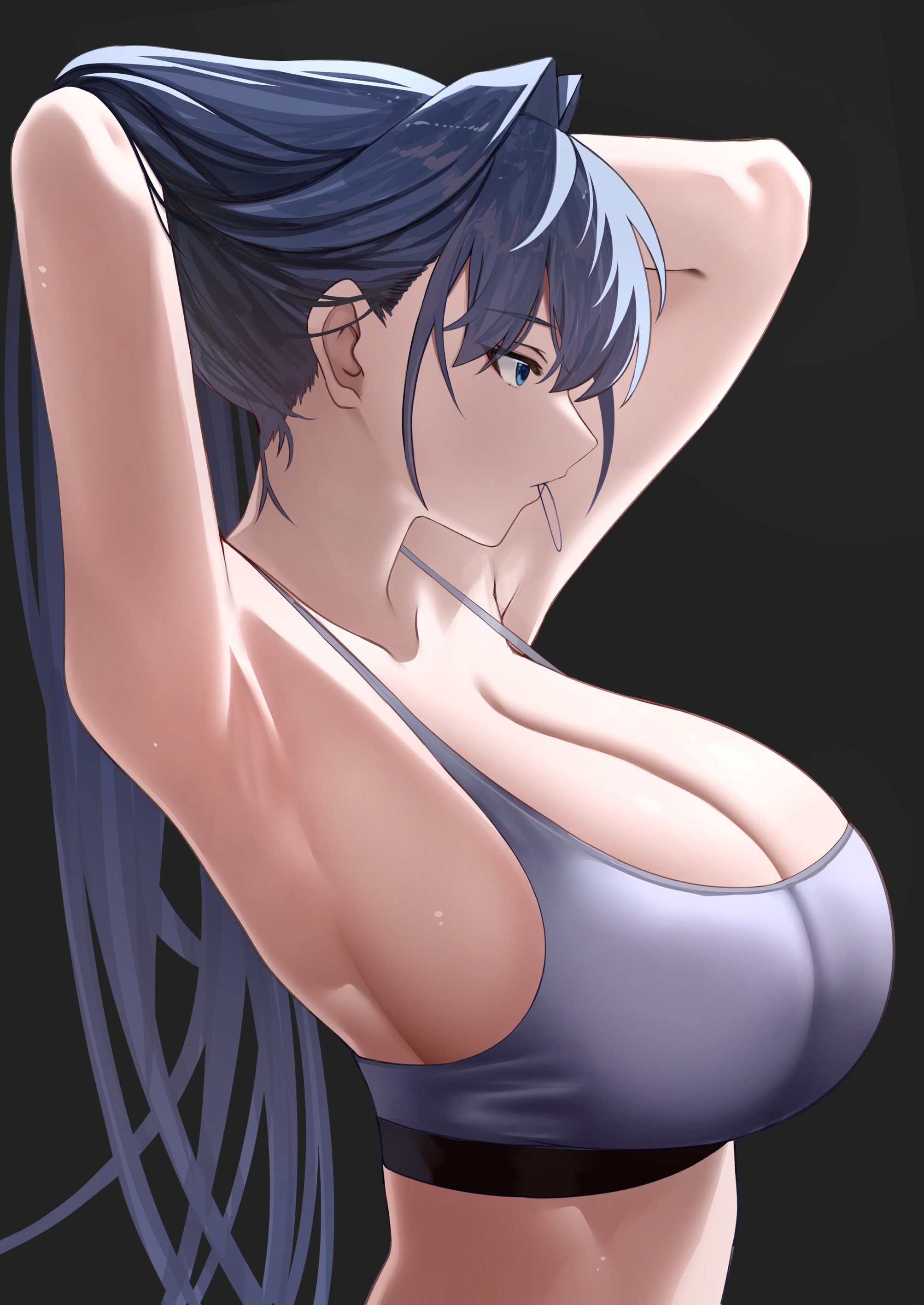 si farid, ouro kronii, hololive, hololive english, absurdres, hashtag-only commentary, highres, 1girl, arm behind head, armpits, black background, blue eyes, blue hair, blue sports bra, breasts, cleavage, from side, hair intakes, hair tie in mouth, hand in own hair, huge breasts, long hair, mouth hold, profile, sideboob, simple background, solo, sports bra, upper body, virtual youtuber