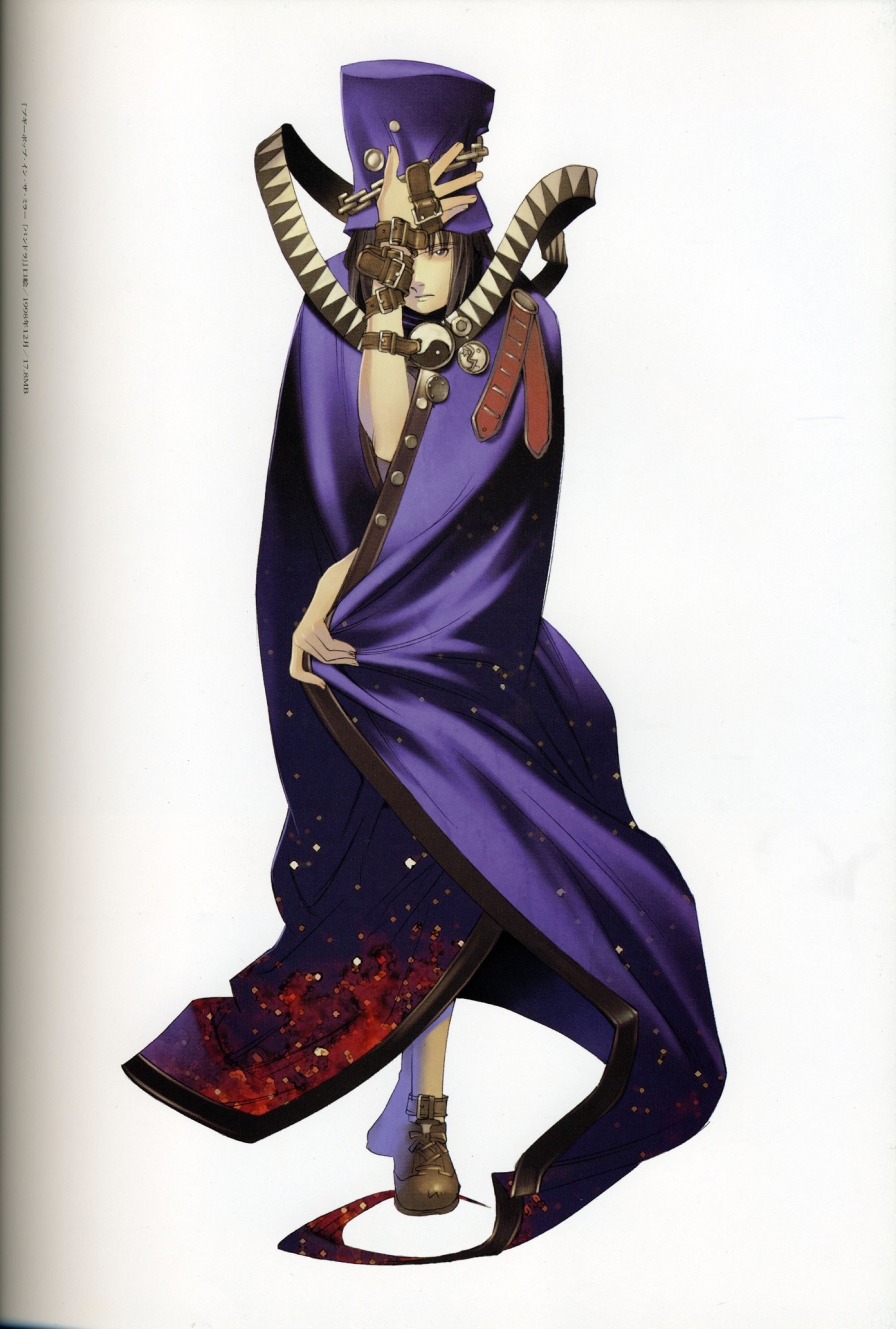 ogata kouji, boogiepop (character), boogiepop, absurdres, highres, official art, scan, scan artifacts, 00s, 1girl, brown eyes, brown hair, chain, cloak, female focus, hat, short hair, simple background, solo, strap, yin yang