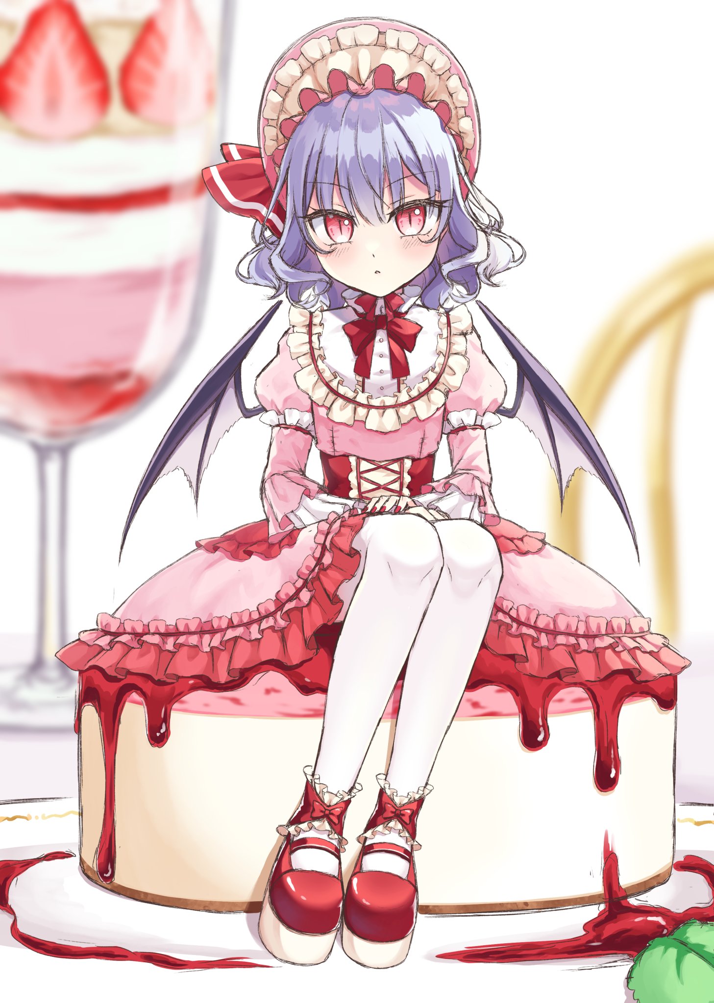 beni kurage, remilia scarlet, touhou, commentary request, highres, 1girl, bat wings, blue hair, blush, bow, bowtie, cake, chair, corset, dress, drink, food, frilled dress, frilled hairband, frills, fruit, hair between eyes, hairband, lolita fashion, lolita hairband, looking at viewer, mary janes, on food, pantyhose, pink dress, puffy sleeves, red bow, red bowtie, red corset, red eyes, red nails, red ribbon, red shoes, ribbon, shoes, short hair, sitting, sitting on food, solo, strawberry, table, white pantyhose, wings