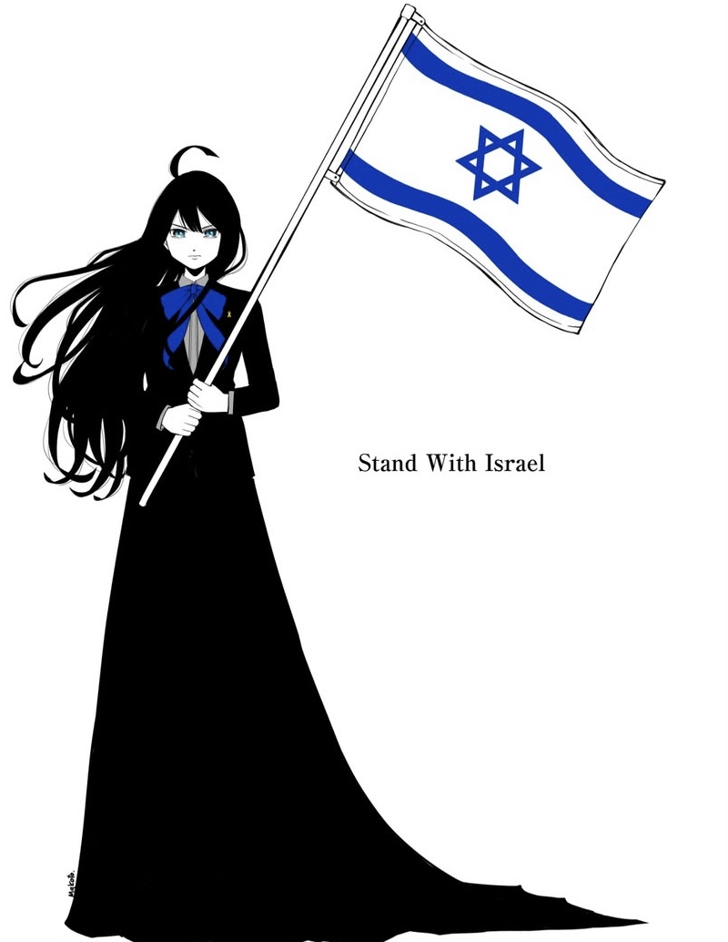 tanaka makoto, original, copyright request, 1girl, black dress, black hair, blue bow, blue eyes, bow, dress, hexagram, israel, israel defense forces, israeli flag, long dress, solo, star of david, white background