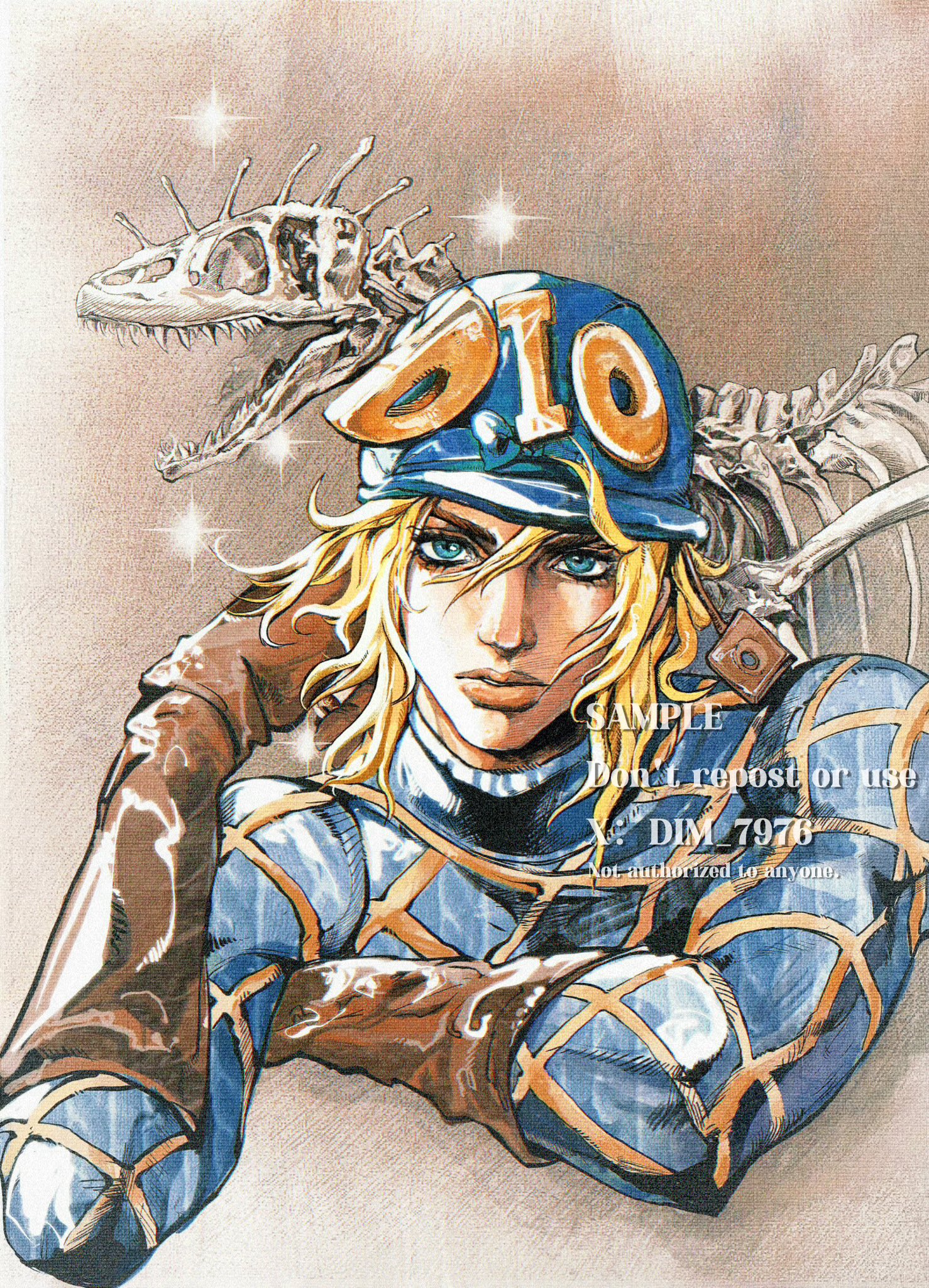dim 7976, diego brando, jojo no kimyou na bouken, steel ball run, commentary request, highres, korean commentary, 1boy, araki hirohiko (style), argyle clothes, argyle sweater, bishounen, blonde hair, blue eyes, blue helmet, blue sweater, brown gloves, closed mouth, cropped torso, dinosaur skeleton, gloves, hair between eyes, helmet, long sleeves, looking at viewer, male focus, medium hair, orange lips, solo, sparkle, sweater, turtleneck, turtleneck sweater, twitter username, upper body