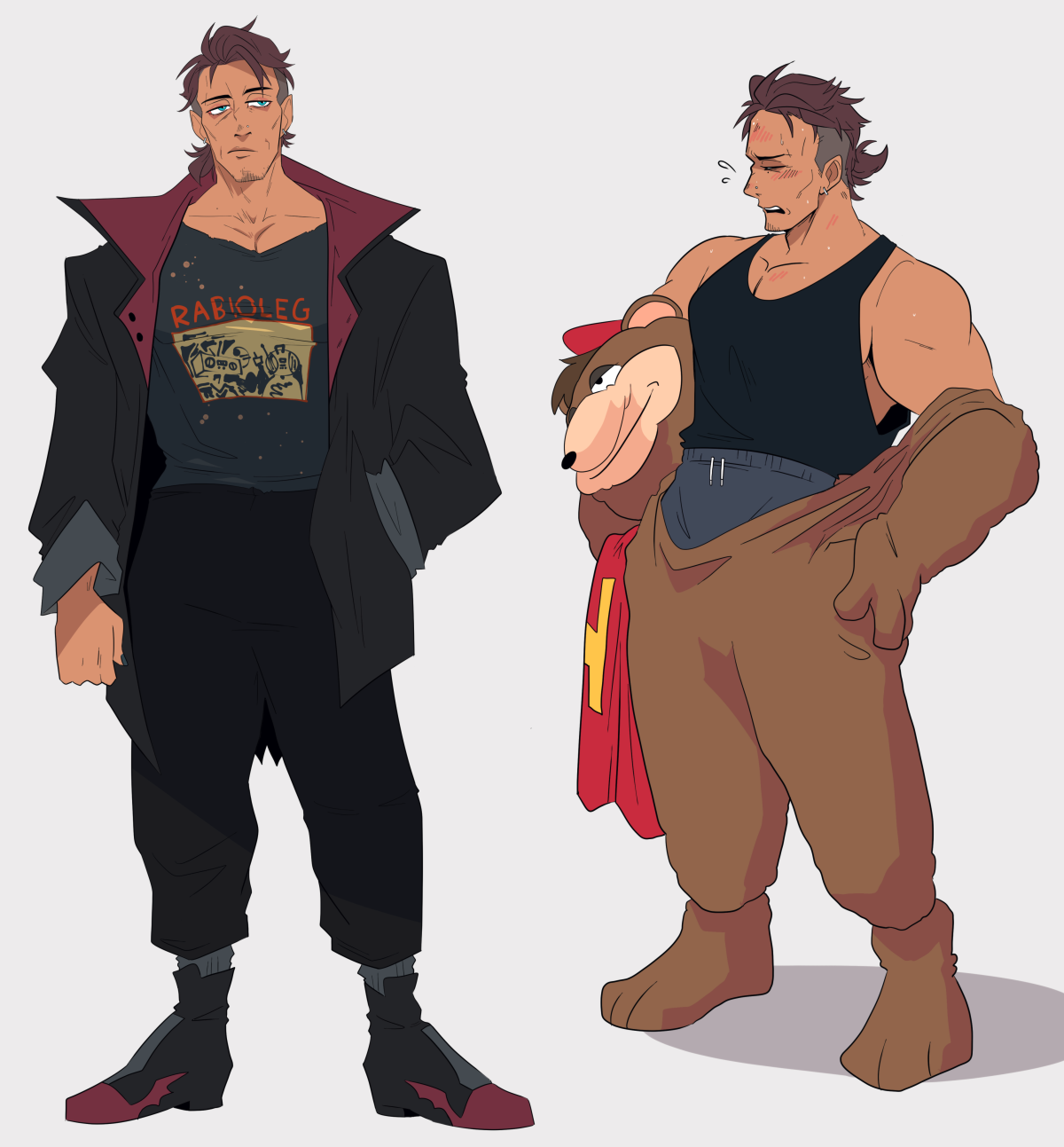 karina farek, highres, 1boy, blush, drawfee, drawtectives, earrings, jacket, jewelry, male focus, muscular, muscular male, tank top, undercut, villainius, william anneus