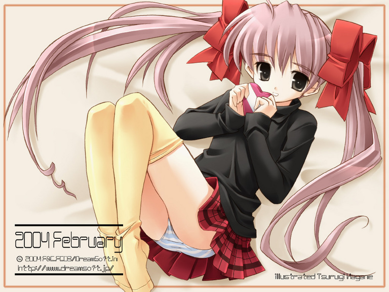 tsurugi hagane, panties, plaid clothes, plaid skirt, skirt, solo, striped clothes, striped panties, thighhighs, twintails, underwear, valentine