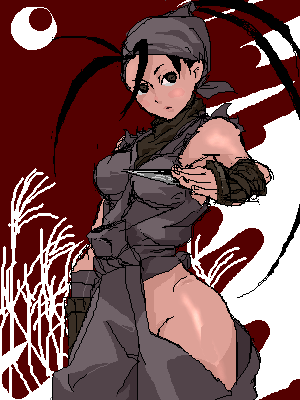 ibuki (street fighter), capcom, street fighter, street fighter iii (series), lowres, 1girl, bare hips, black hair, clothing cutout, female focus, hip vent, ninja, no panties, ponytail, solo