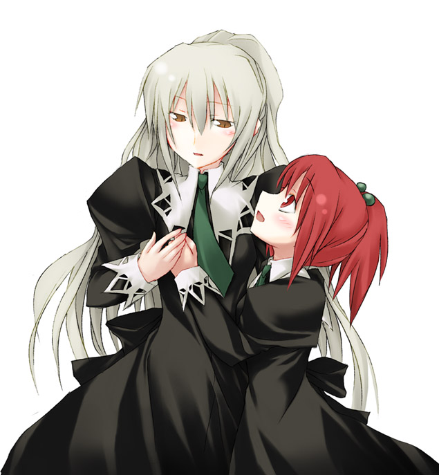 nu (plastic eraser), aoi nagisa, hanazono shizuma, strawberry panic!, silver hair, 00s, 2girls, :d, blush, bow, dress, eye contact, hair between eyes, hair bobbles, hair ornament, hand on another's chest, height difference, holding hands, hug, lace, long hair, looking at another, looking down, looking up, multiple girls, necktie, open mouth, orange eyes, ponytail, profile, red eyes, red hair, school uniform, simple background, slit pupils, smile, very long hair, white background, yuri