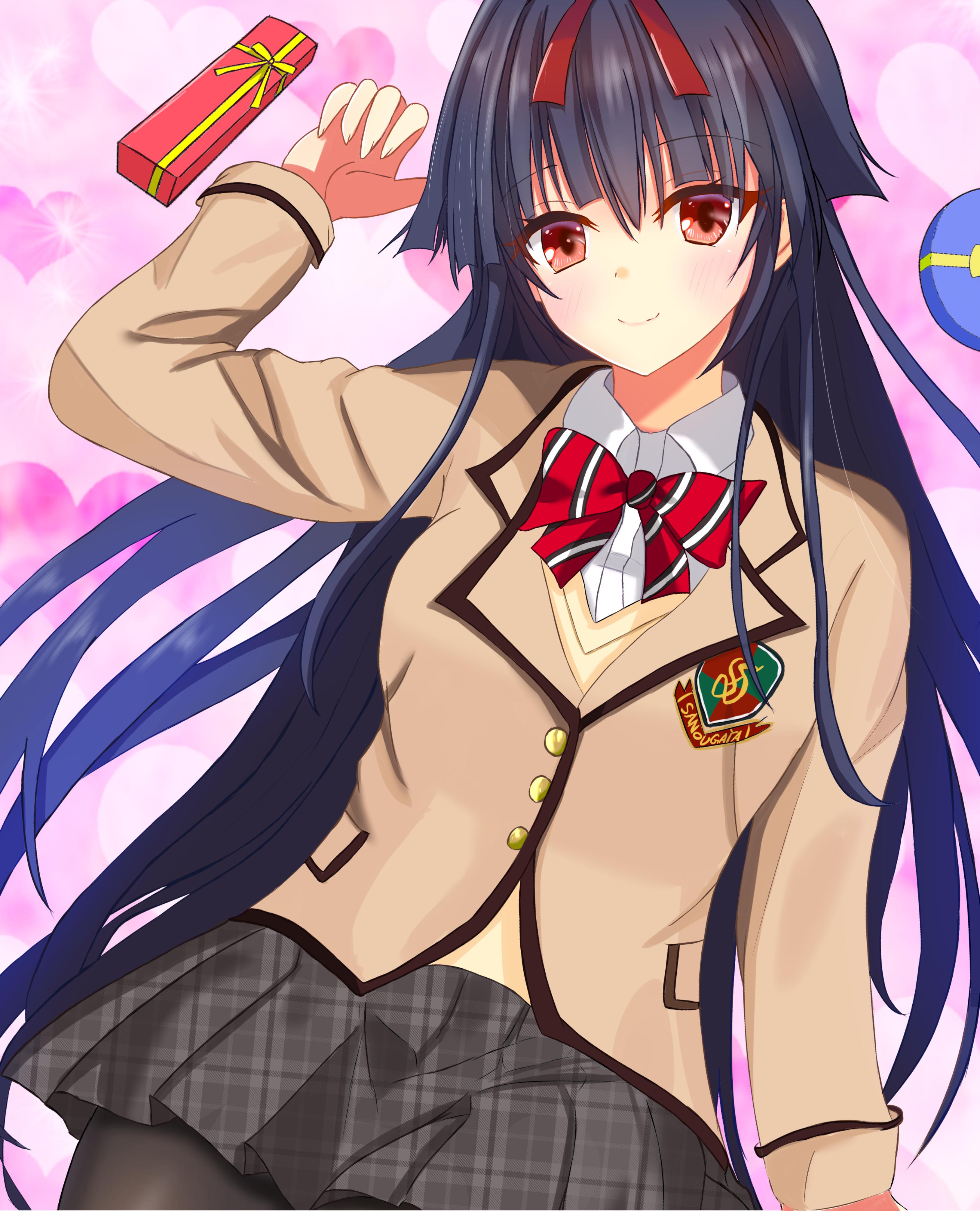 sakuratoru, himekawa honami, pretty x cation, pretty x cation 2, absurdres, commentary request, highres, 1girl, 2023, arm at side, black hair, black pantyhose, black skirt, blunt bangs, blush, bow, bowtie, brown jacket, closed mouth, collared shirt, cowboy shot, dated commentary, dutch angle, eyelashes, gift, hair ribbon, hand up, heart, heart background, jacket, long hair, looking at viewer, miniskirt, pantyhose, pink background, plaid clothes, plaid skirt, pleated skirt, red bow, red bowtie, red eyes, red ribbon, ribbon, school uniform, shirt, sidelocks, simple background, skirt, smile, solo, straight hair, sweater vest, vertical-striped bowtie, very long hair, white shirt, yellow sweater vest