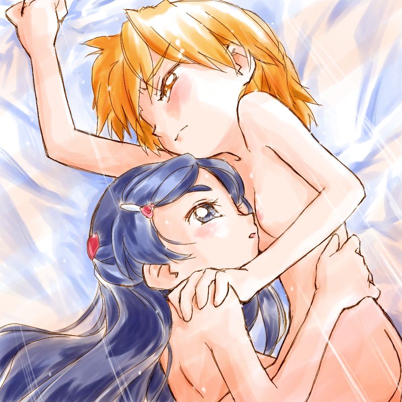 oochan (society of sorcery), misumi nagisa, yukishiro honoka, futari wa precure, futari wa precure max heart, precure, 00s, 2girls, bed, bed sheet, blue eyes, blue hair, blush, breasts, brown eyes, brown hair, completely nude, hair ornament, hairclip, loli, long hair, multiple girls, nipples, nude, red hair, sex, short hair, sketch, small breasts, yuri