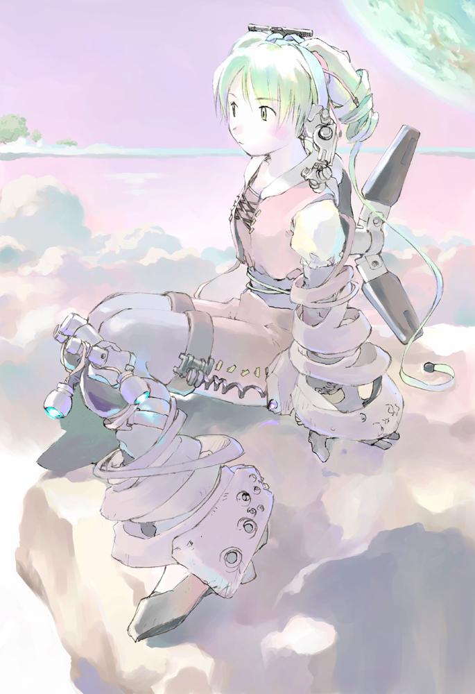 yoshizuki kumichi, 1girl, black gloves, blush, dress, female focus, from side, full body, gloves, green eyes, green hair, long sleeves, looking afar, matching hair/eyes, mecha musume, outdoors, red dress, rock, sash, short hair, sitting, solo