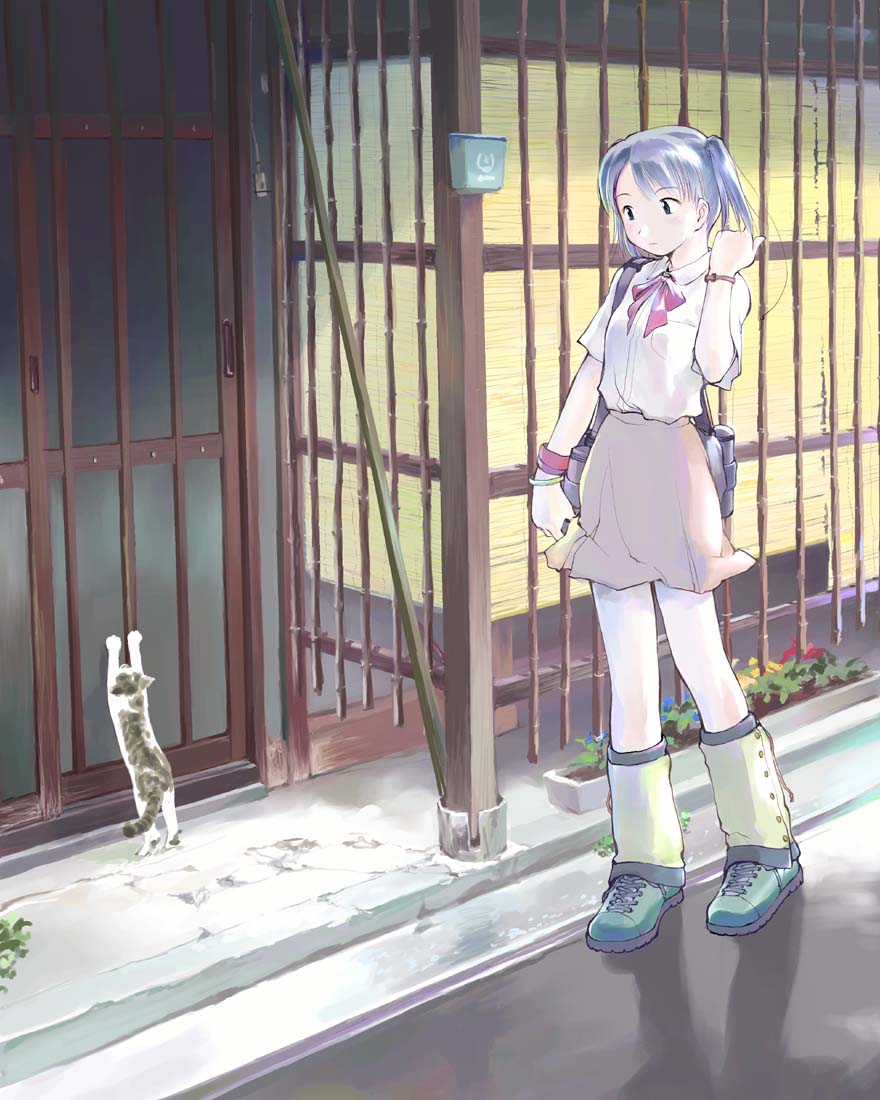 yoshizuki kumichi, tagme, 1girl, blouse, cat, door, female focus, hand in own hair, outdoors, school uniform, serafuku, shirt, shouji, sliding doors, solo, white shirt